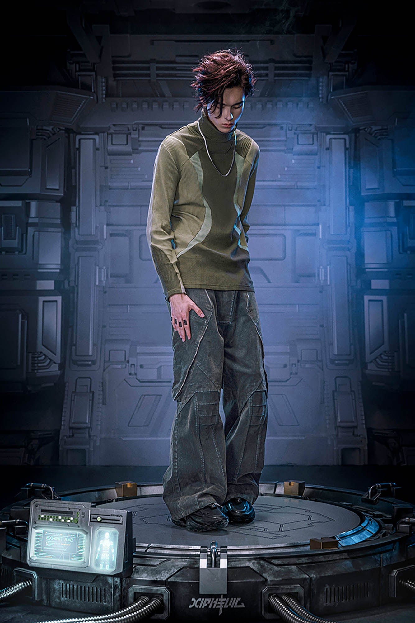 XIPHEVIL Ribbed Paneled Turtleneck Long-Sleeve Tee Green-L/S Tee-XS-Free Shipping Leatheretro