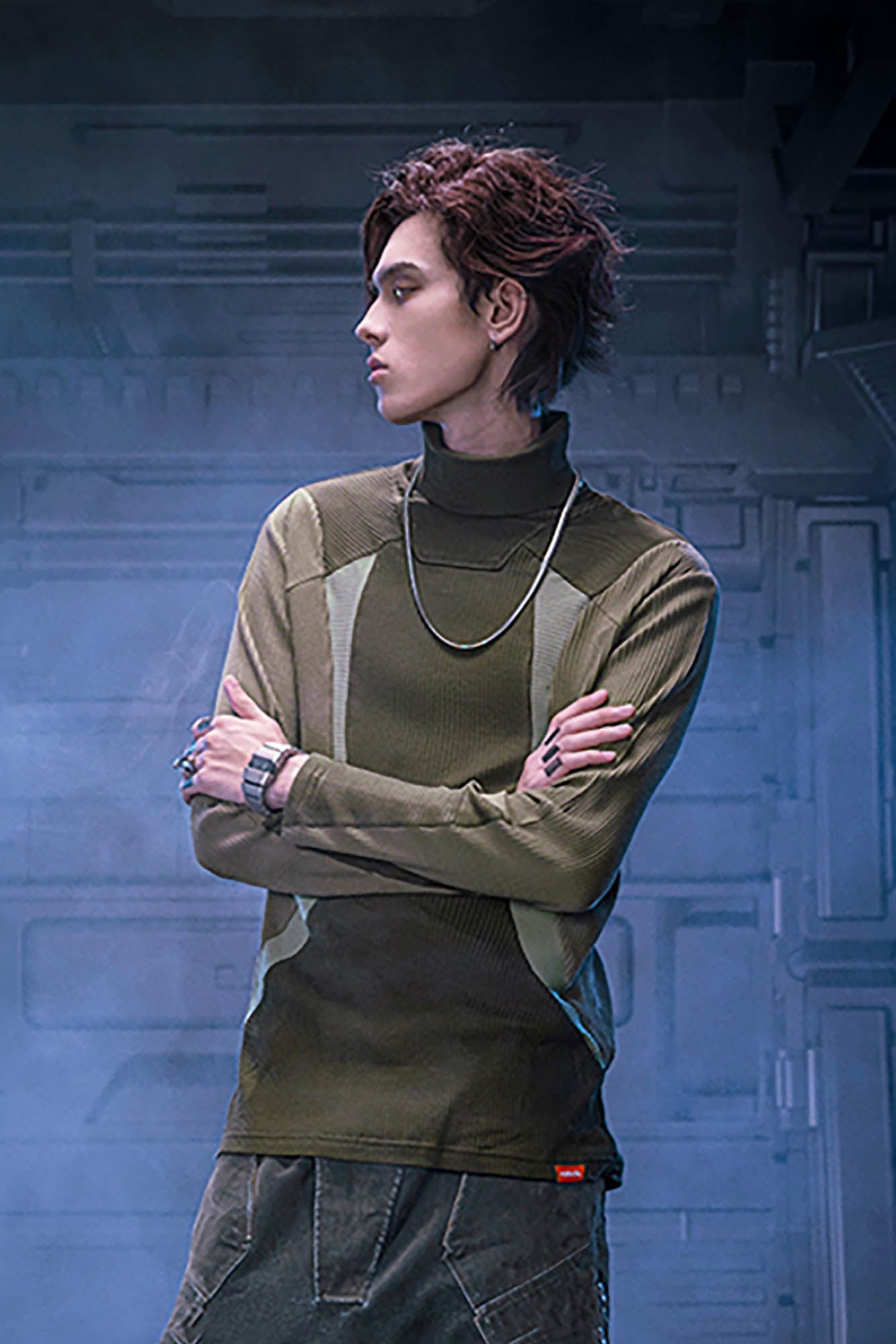 XIPHEVIL Ribbed Paneled Turtleneck Long-Sleeve Tee Green-L/S Tee-XS-Free Shipping Leatheretro