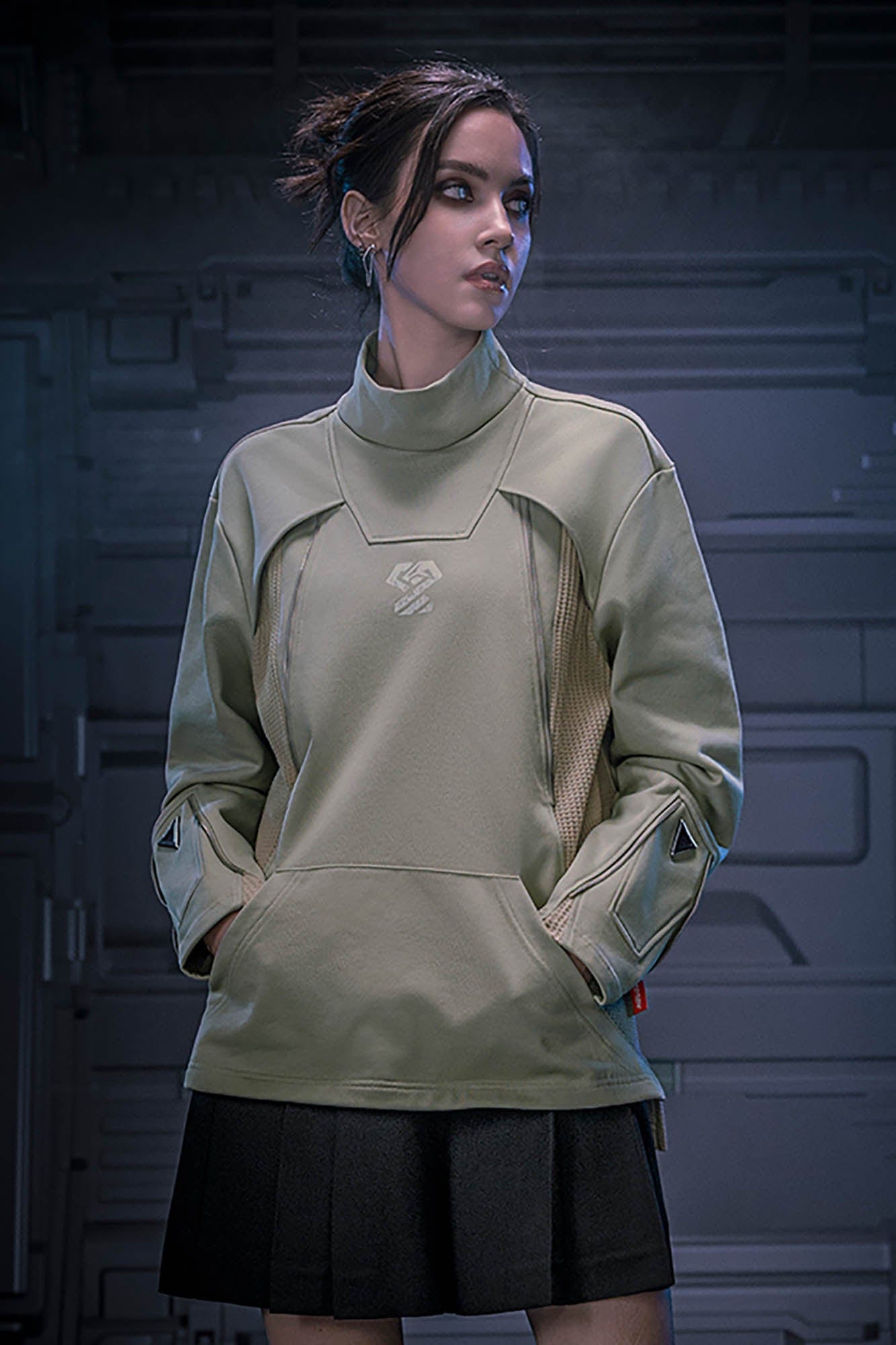 XIPHEVIL Mesh Paneled Tactical Turtleneck Sweatshirt Green-L/S Tee-XS-Free Shipping Leatheretro