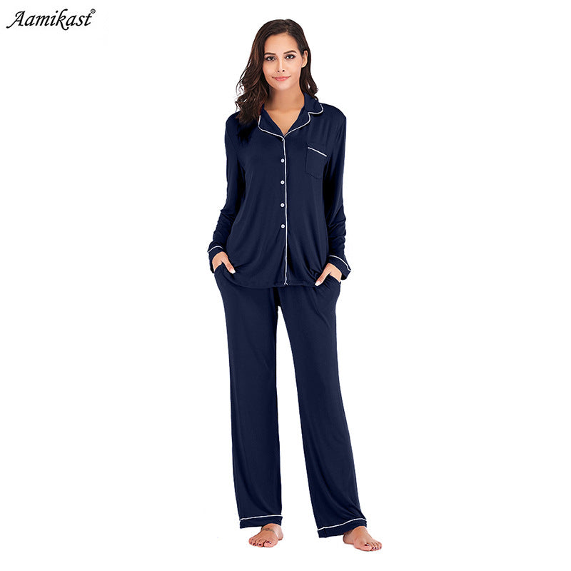 Women Long Sleeves Winter Pajamas-Pajamas-Navy Blue-S-Free Shipping Leatheretro