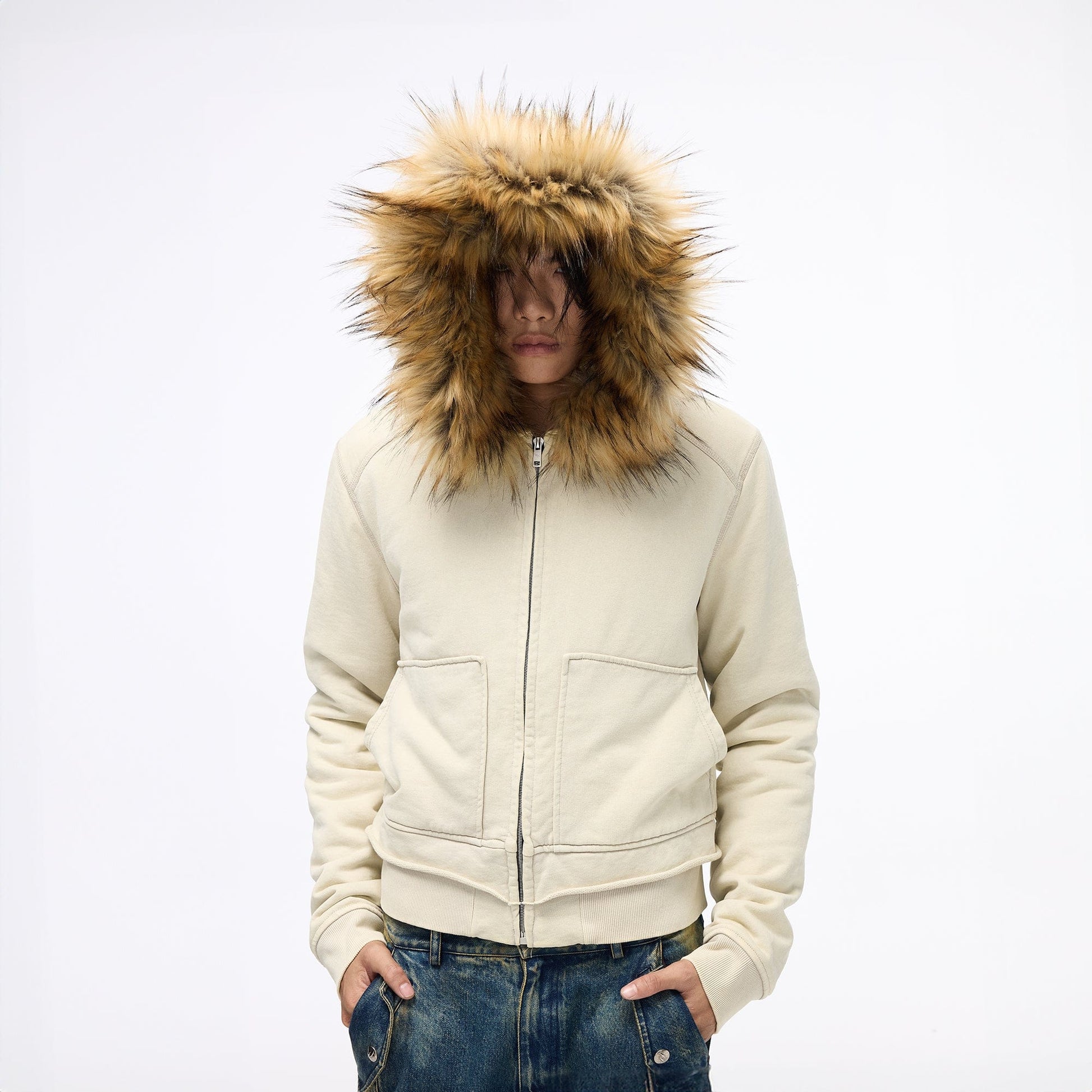 WHISTLEHUNTER Distressed Detachable Faux Fur Collar Padded Jacket-Jacket-S-White-Free Shipping Leatheretro