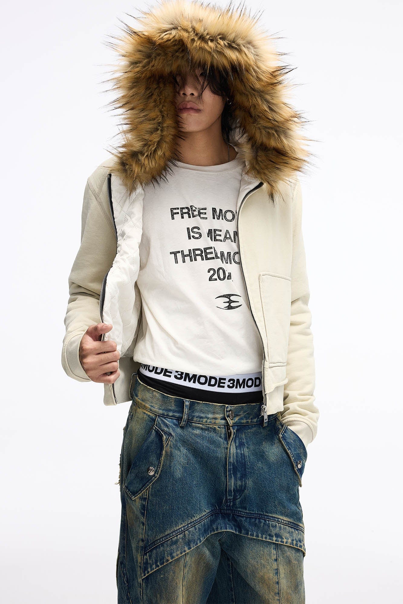 WHISTLEHUNTER Distressed Detachable Faux Fur Collar Padded Jacket-Jacket-S-Black-Free Shipping Leatheretro