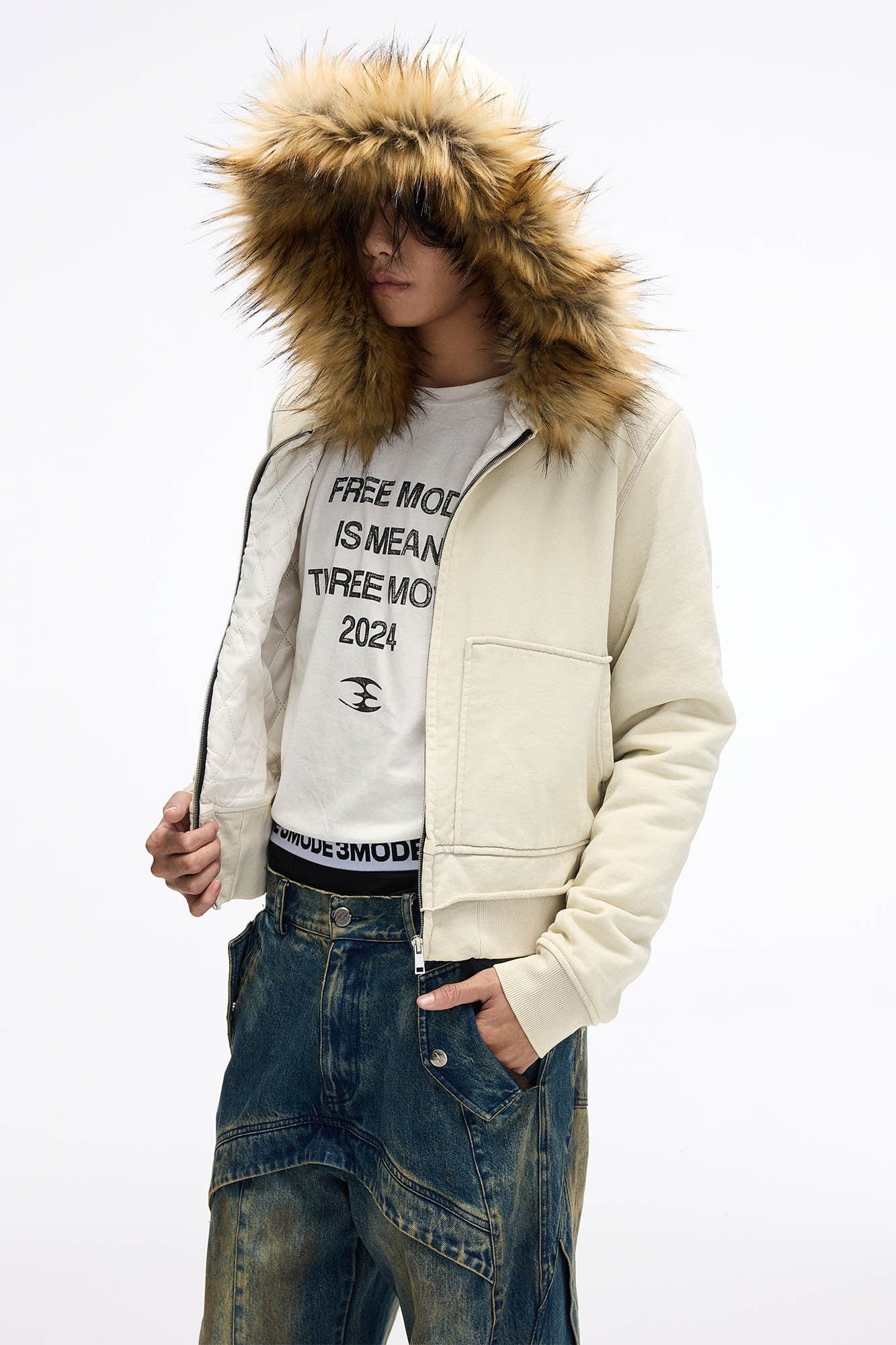 WHISTLEHUNTER Distressed Detachable Faux Fur Collar Padded Jacket-Jacket-S-Black-Free Shipping Leatheretro