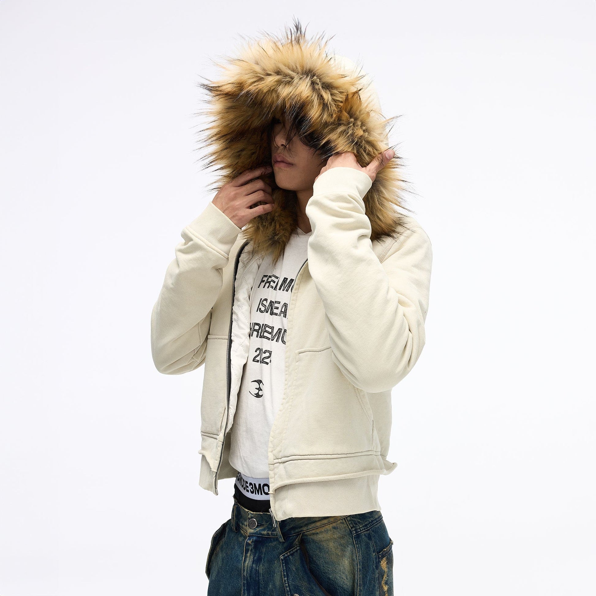 WHISTLEHUNTER Distressed Detachable Faux Fur Collar Padded Jacket-Jacket-S-Black-Free Shipping Leatheretro