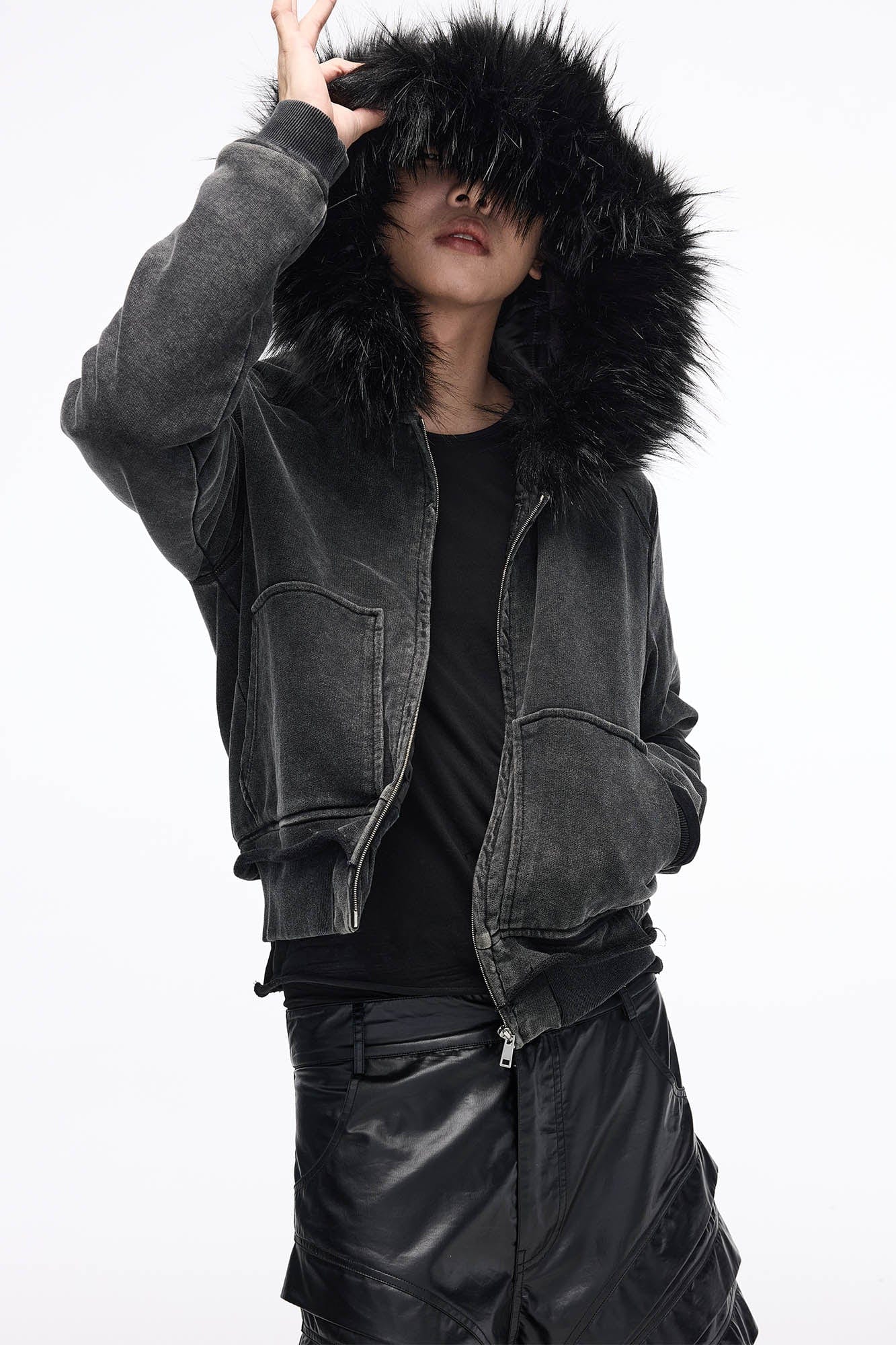 WHISTLEHUNTER Distressed Detachable Faux Fur Collar Padded Jacket-Jacket-S-Black-Free Shipping Leatheretro