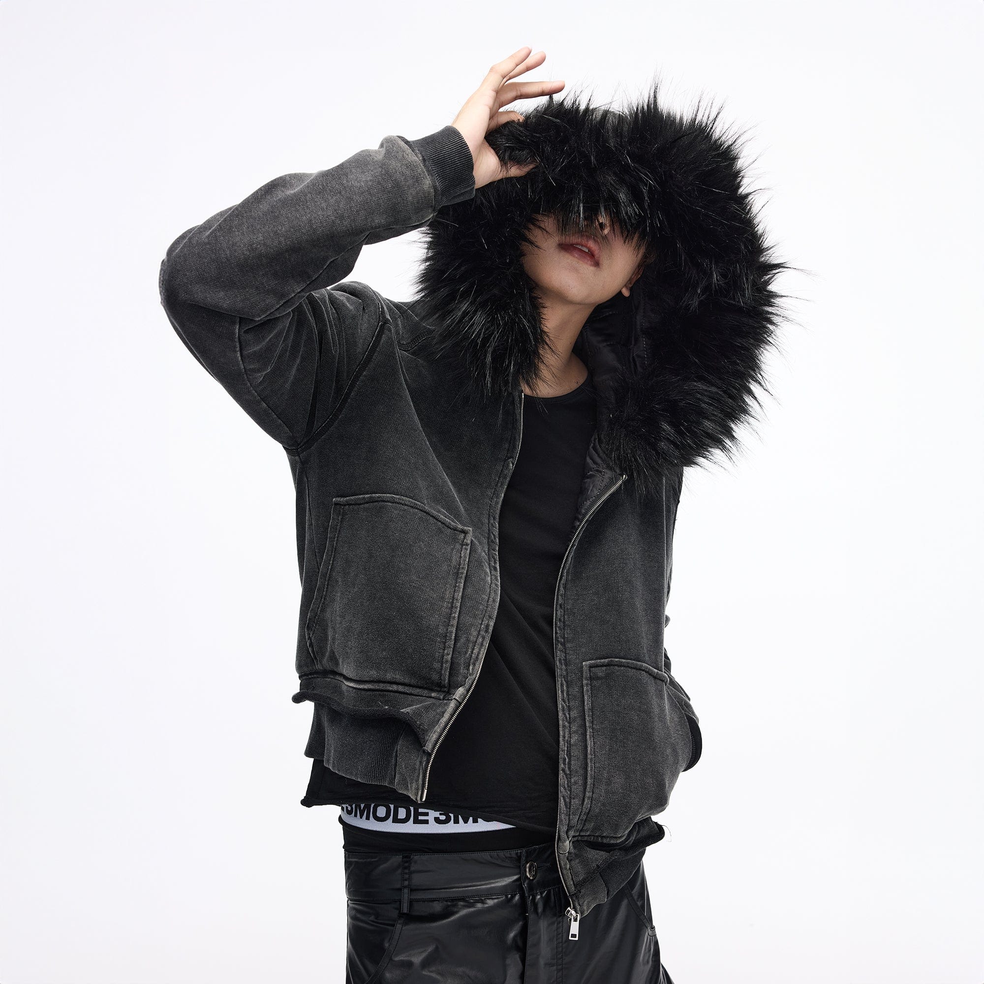 WHISTLEHUNTER Distressed Detachable Faux Fur Collar Padded Jacket-Jacket-S-Black-Free Shipping Leatheretro