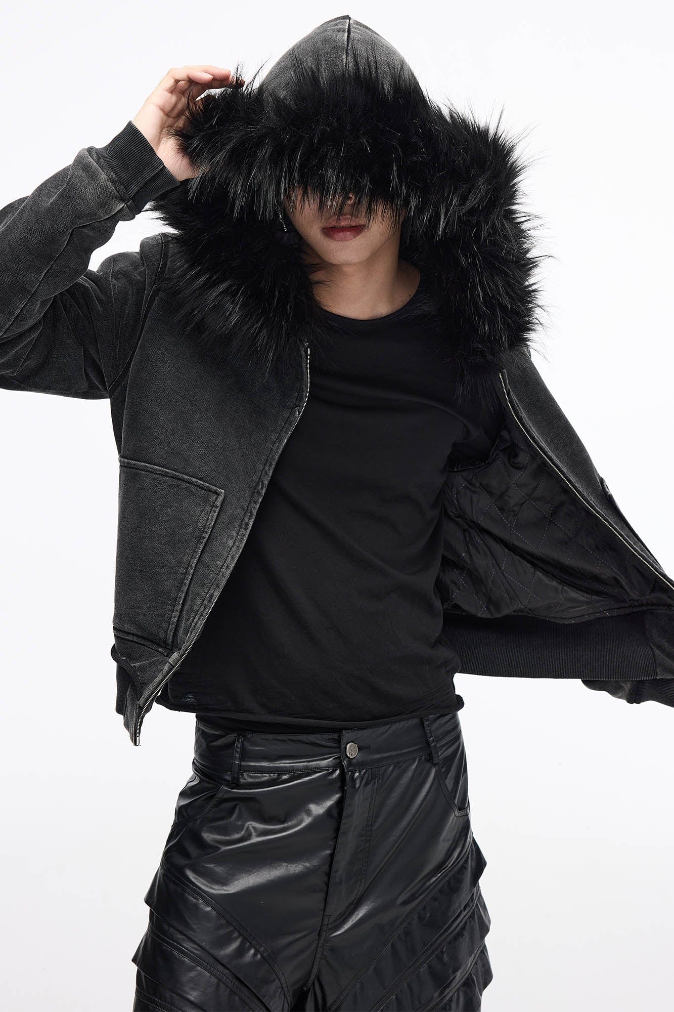 WHISTLEHUNTER Distressed Detachable Faux Fur Collar Padded Jacket-Jacket-S-Black-Free Shipping Leatheretro