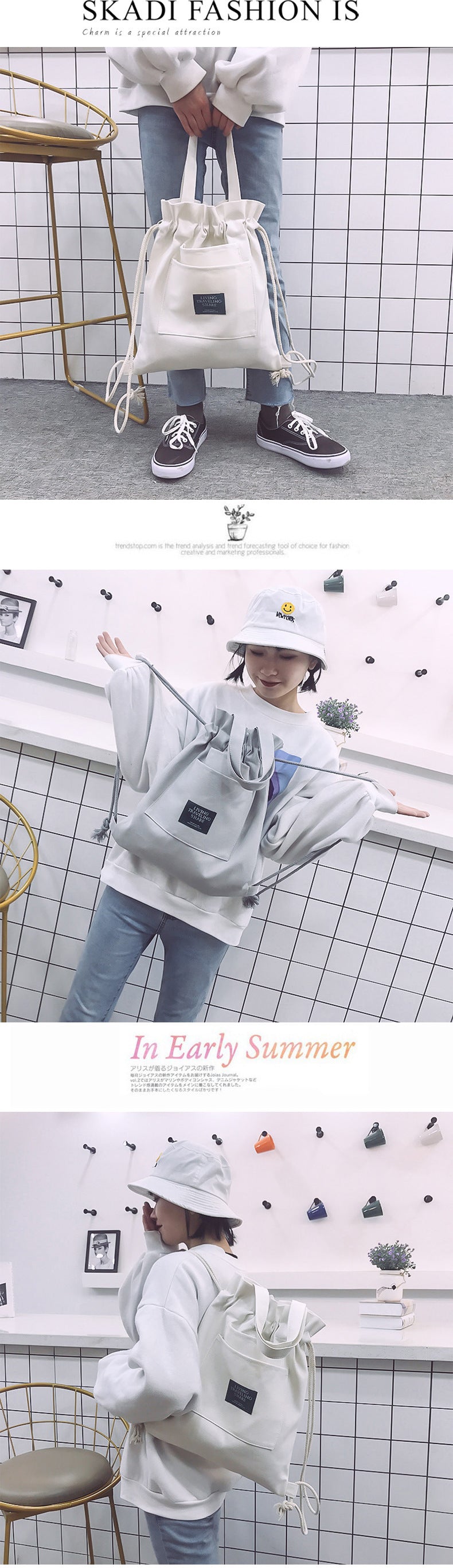 Women's Drawstring Backpack-Canvas Bag-White-Free Shipping Leatheretro