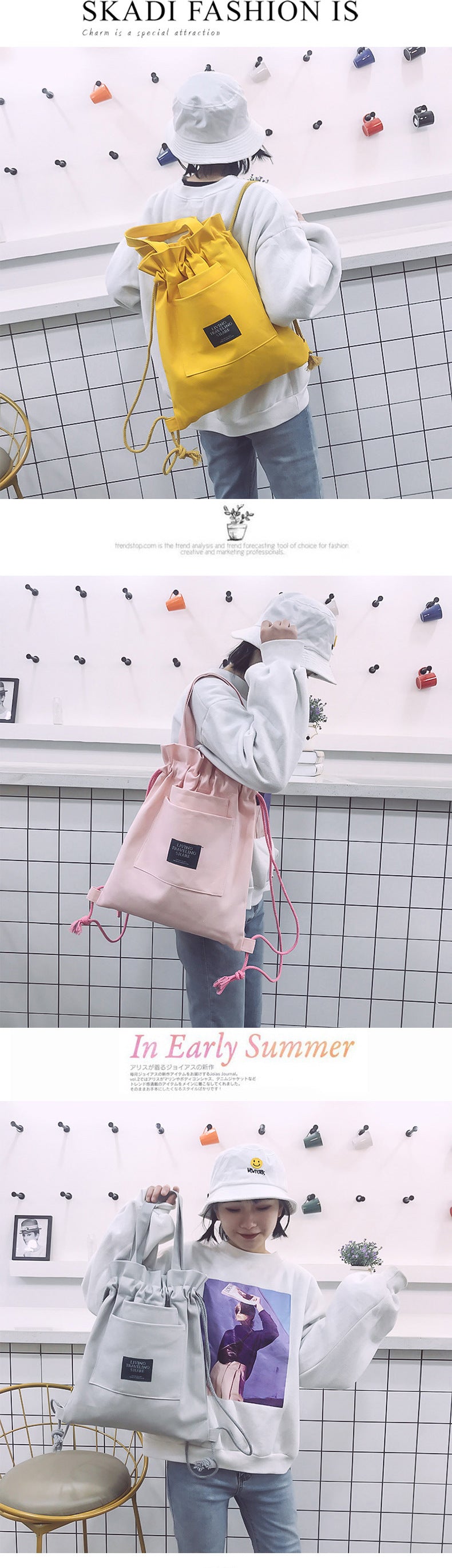 Women's Drawstring Backpack-Canvas Bag-White-Free Shipping Leatheretro