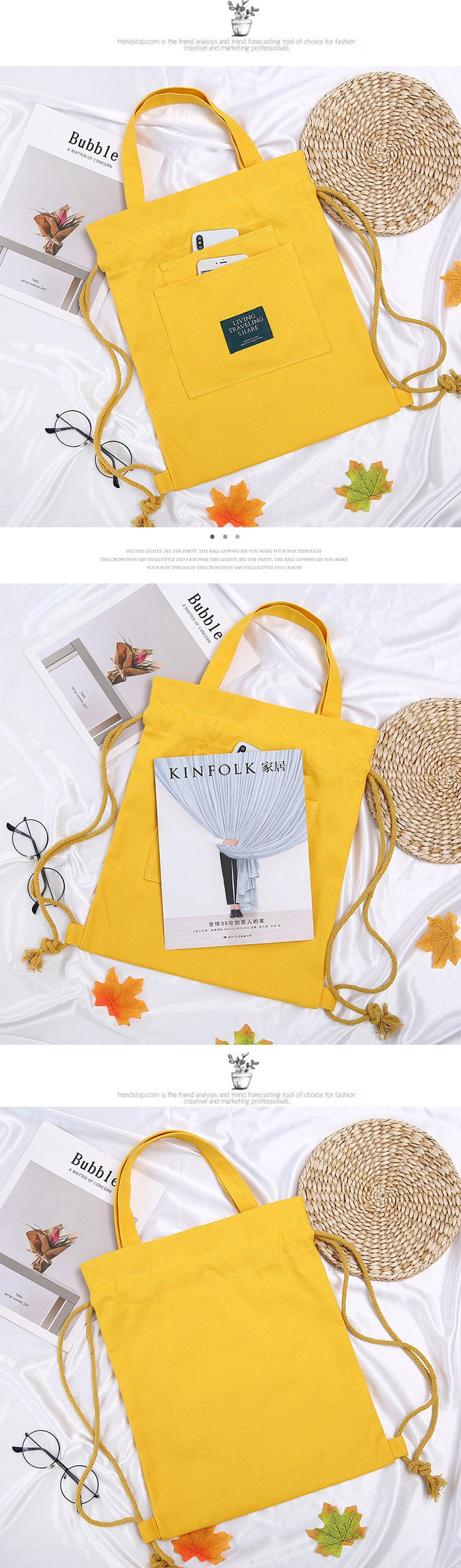 Women's Drawstring Backpack-Canvas Bag-White-Free Shipping Leatheretro