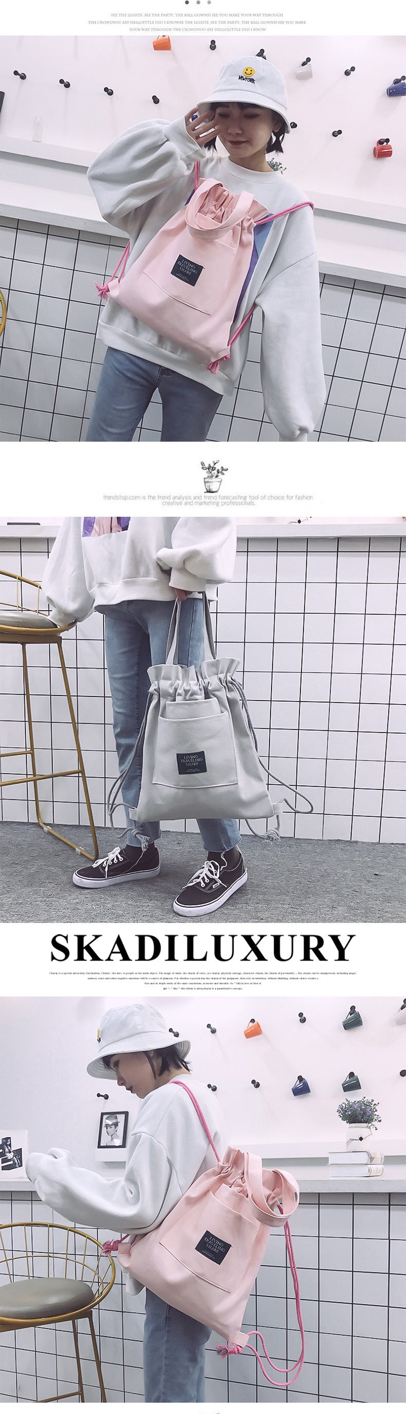 Women's Drawstring Backpack-Canvas Bag-White-Free Shipping Leatheretro