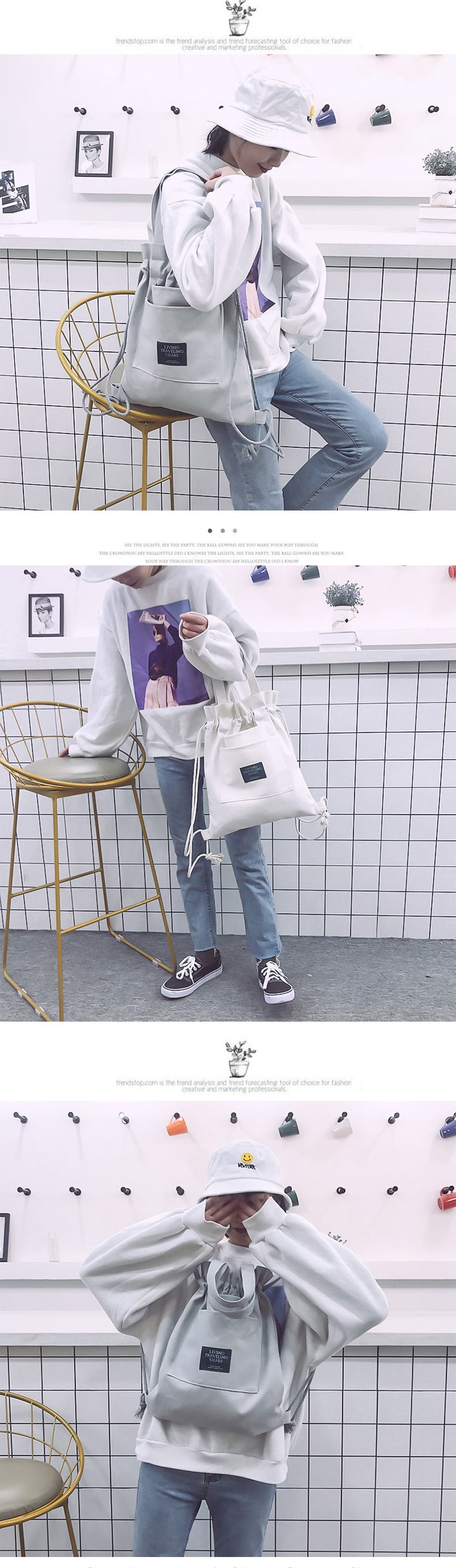 Women's Drawstring Backpack-Canvas Bag-White-Free Shipping Leatheretro