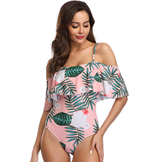 Sexy Off The Shoulder Floral Print One Piece Swimsuit for Women-Pink-S-Free Shipping Leatheretro