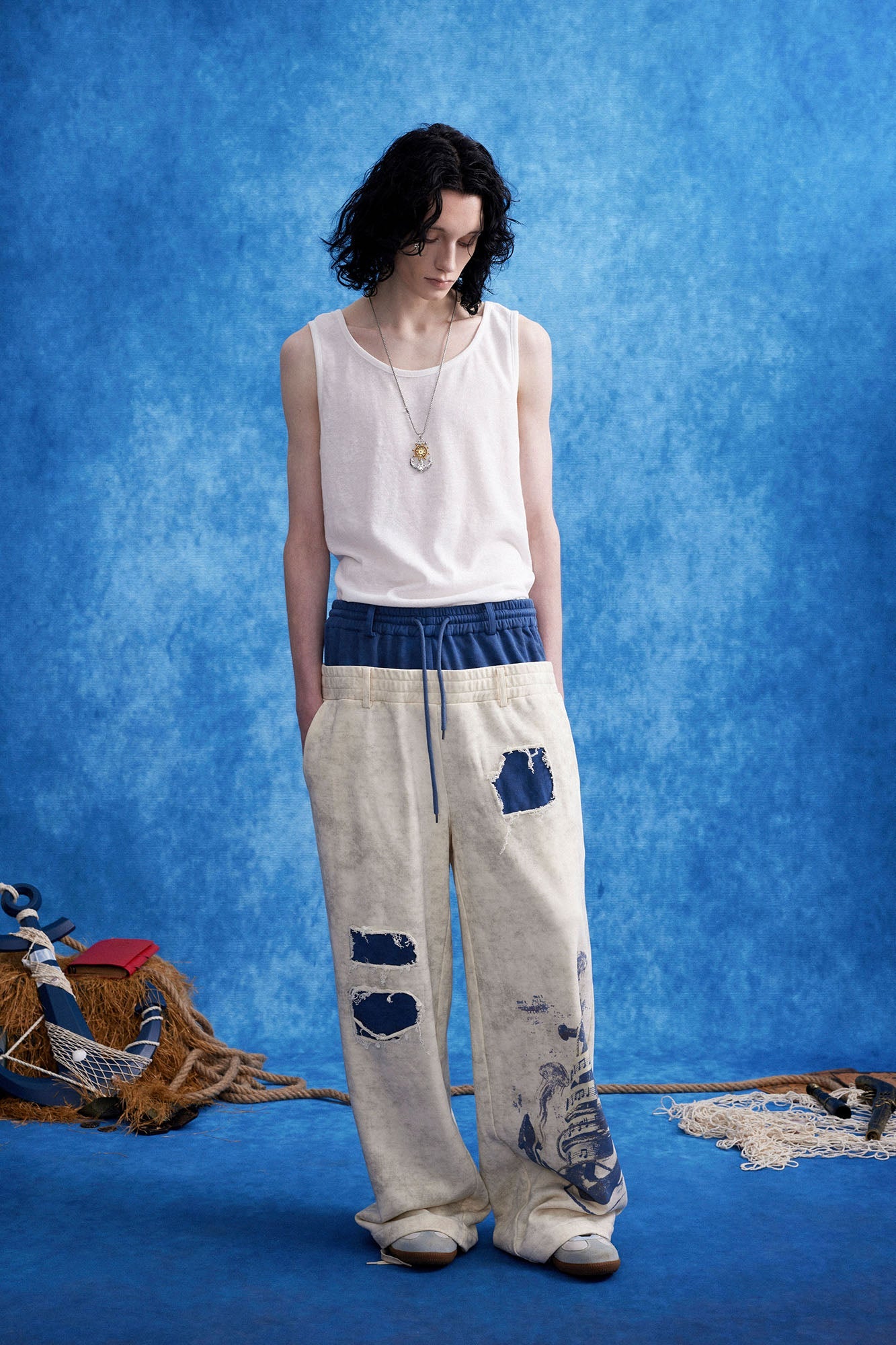 OIPWORD Distressed Ship Graphic Double-Waist Pants-Pants-S-White-Free Shipping Leatheretro