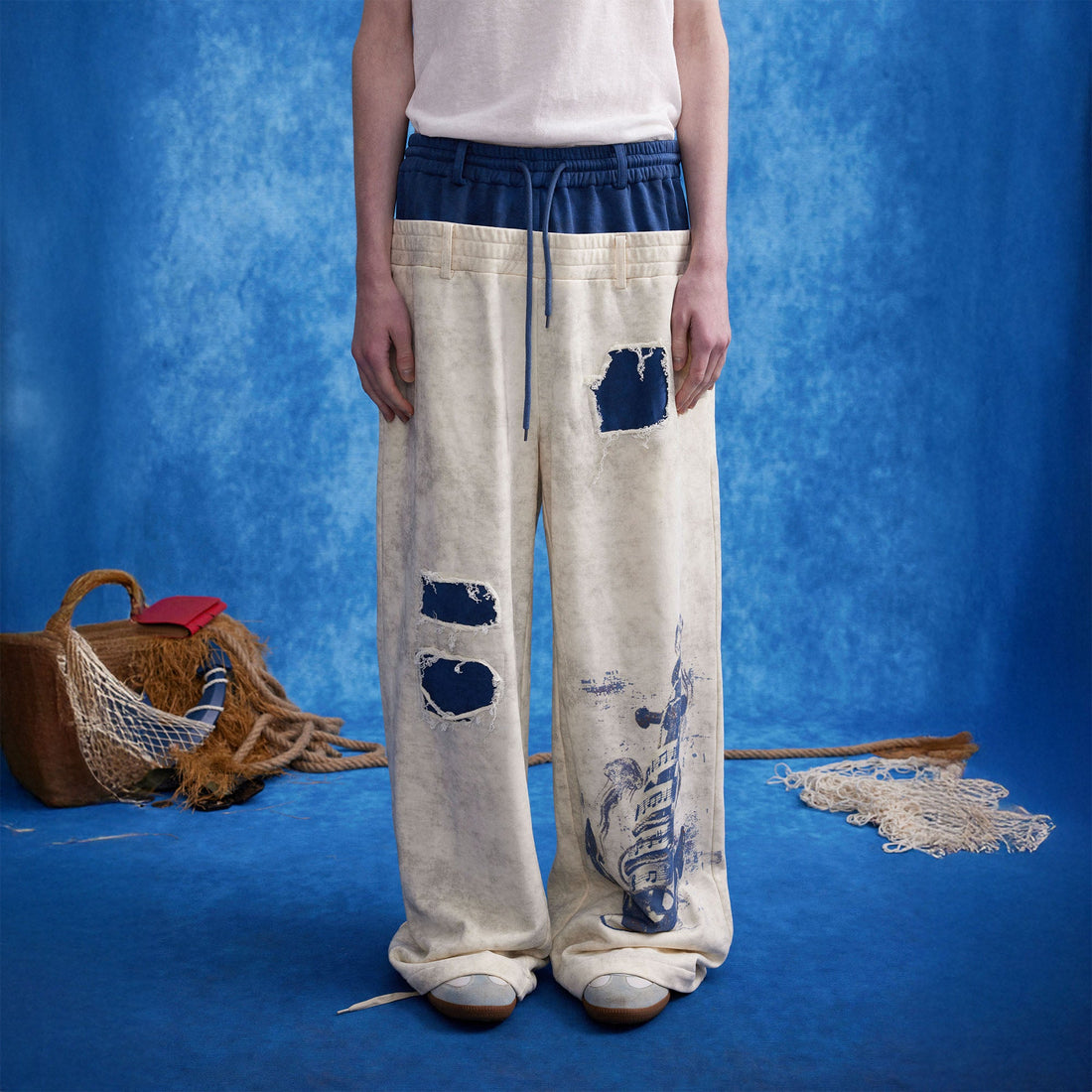 OIPWORD Distressed Ship Graphic Double-Waist Pants-Pants-S-White-Free Shipping Leatheretro