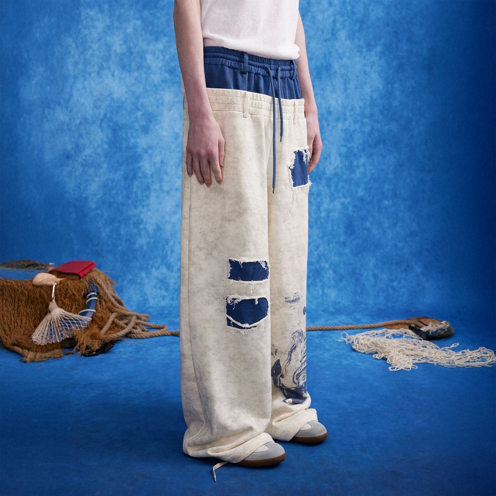 OIPWORD Distressed Ship Graphic Double-Waist Pants-Pants-S-White-Free Shipping Leatheretro