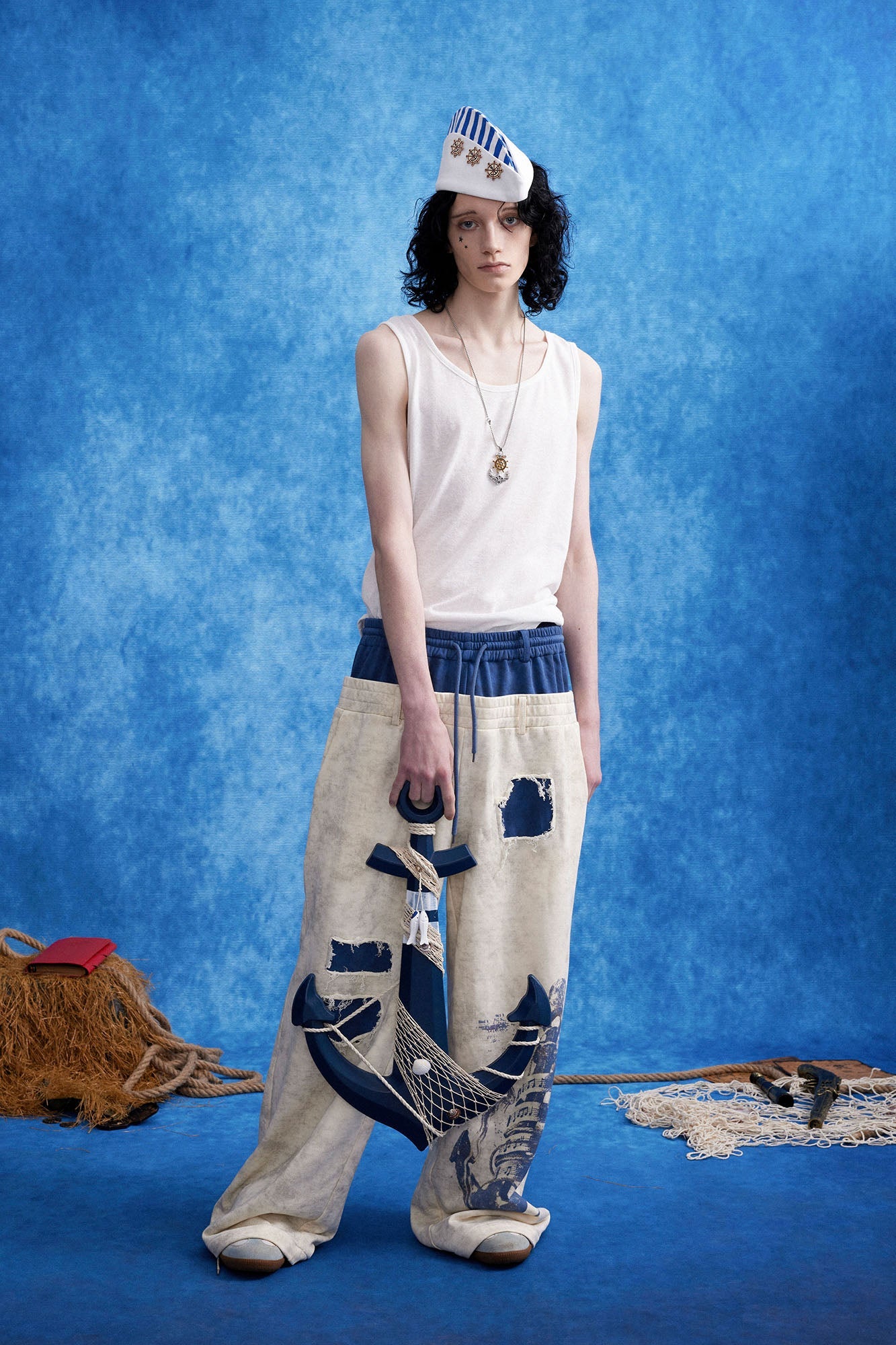 OIPWORD Distressed Ship Graphic Double-Waist Pants-Pants-S-White-Free Shipping Leatheretro