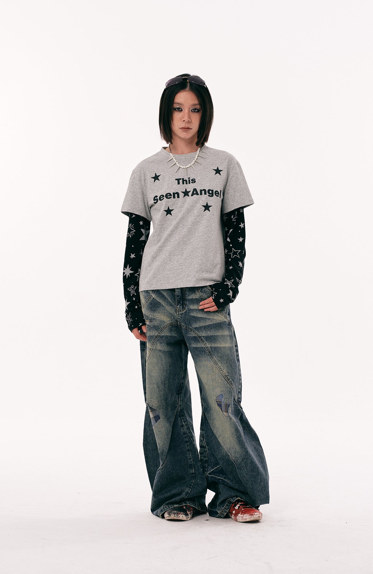 PASET Plaid Patch Distressed Wide-Leg Jeans-Jeans-S / 28"-Free Shipping Leatheretro