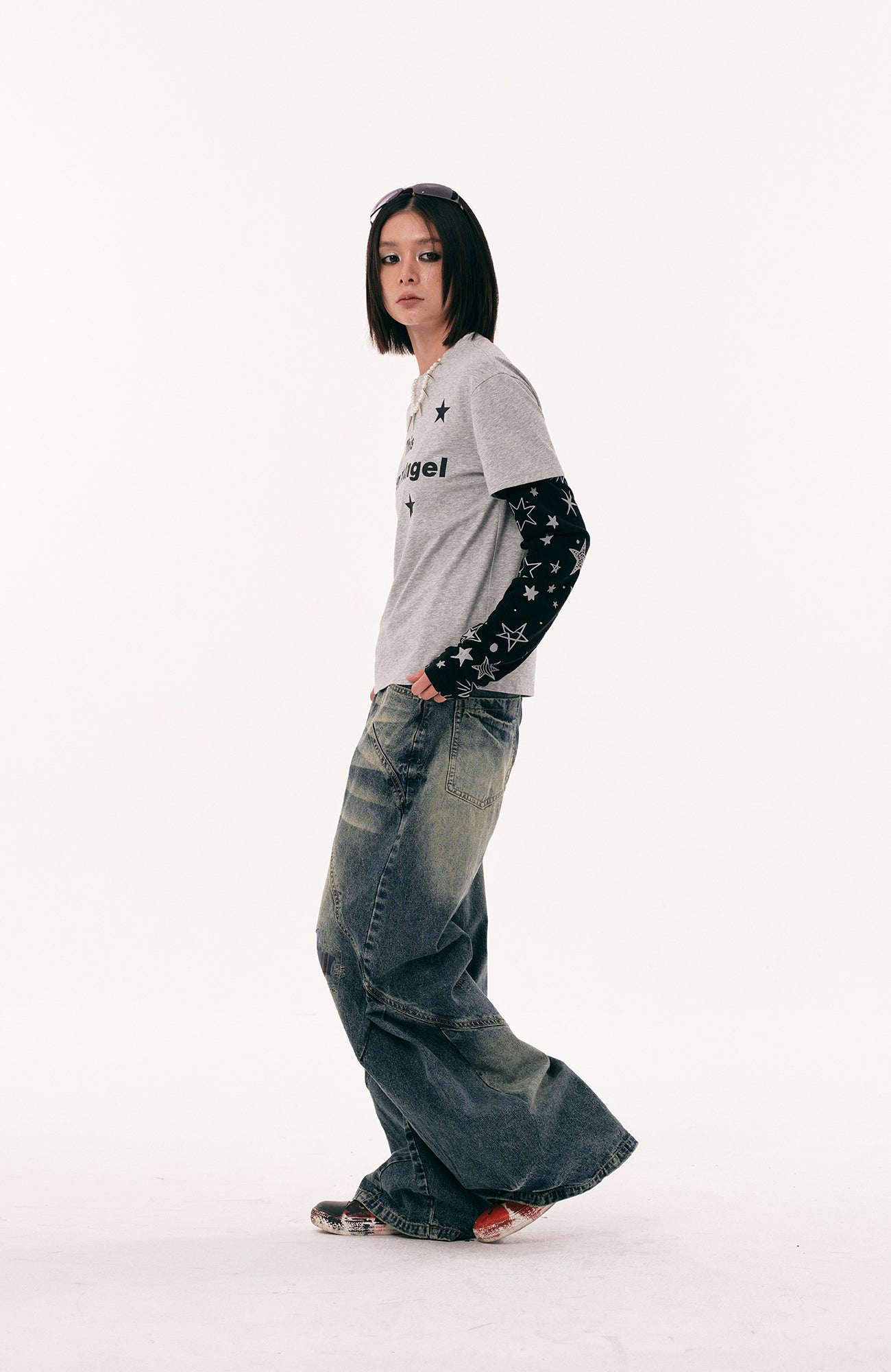 PASET Plaid Patch Distressed Wide-Leg Jeans-Jeans-S / 28"-Free Shipping Leatheretro