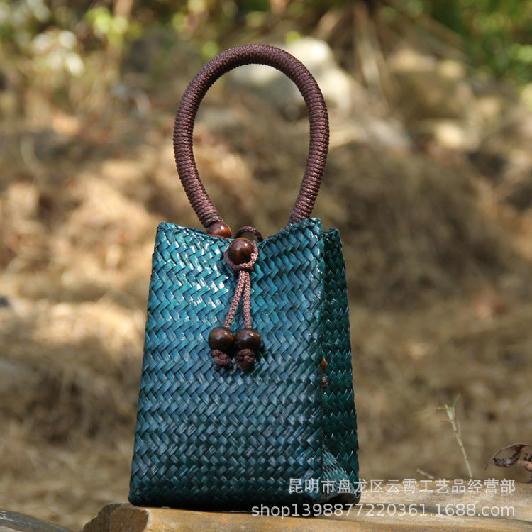 Handwoven Straw Tote Bag Mini Beach Bag for Vacation, Summer, and Resort Wear-Handbags-C011 coffee red-Free Shipping Leatheretro