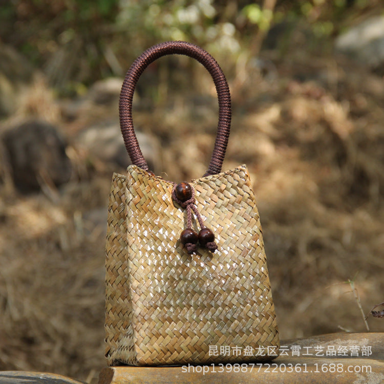 Handwoven Straw Tote Bag Mini Beach Bag for Vacation, Summer, and Resort Wear-Handbags-C011 coffee red-Free Shipping Leatheretro