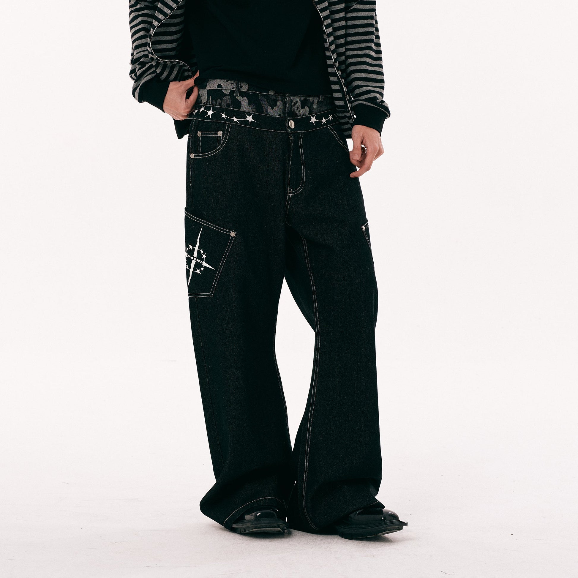 PASET Camo Double Waist Embroidered Jeans-Jeans-S / 28"-Free Shipping Leatheretro