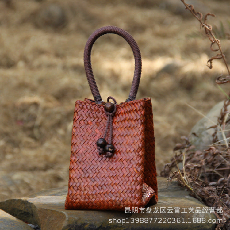 Handwoven Straw Tote Bag Mini Beach Bag for Vacation, Summer, and Resort Wear-Handbags-C011 coffee red-Free Shipping Leatheretro