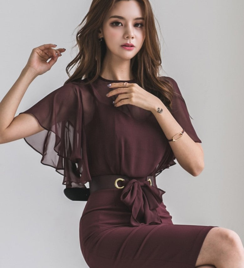 Summer Office Lady Chiffon Party Dresses-Dresses-Wine Red-S-Free Shipping Leatheretro