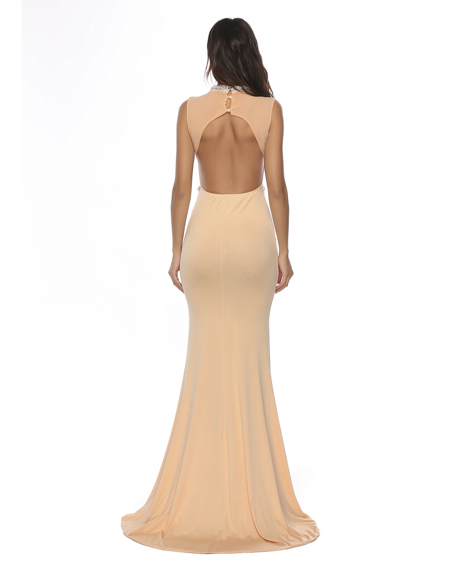 Sexy Rhinestone Sweep Train Long Evening Dresses-Dresses-Champagne-S-Free Shipping Leatheretro