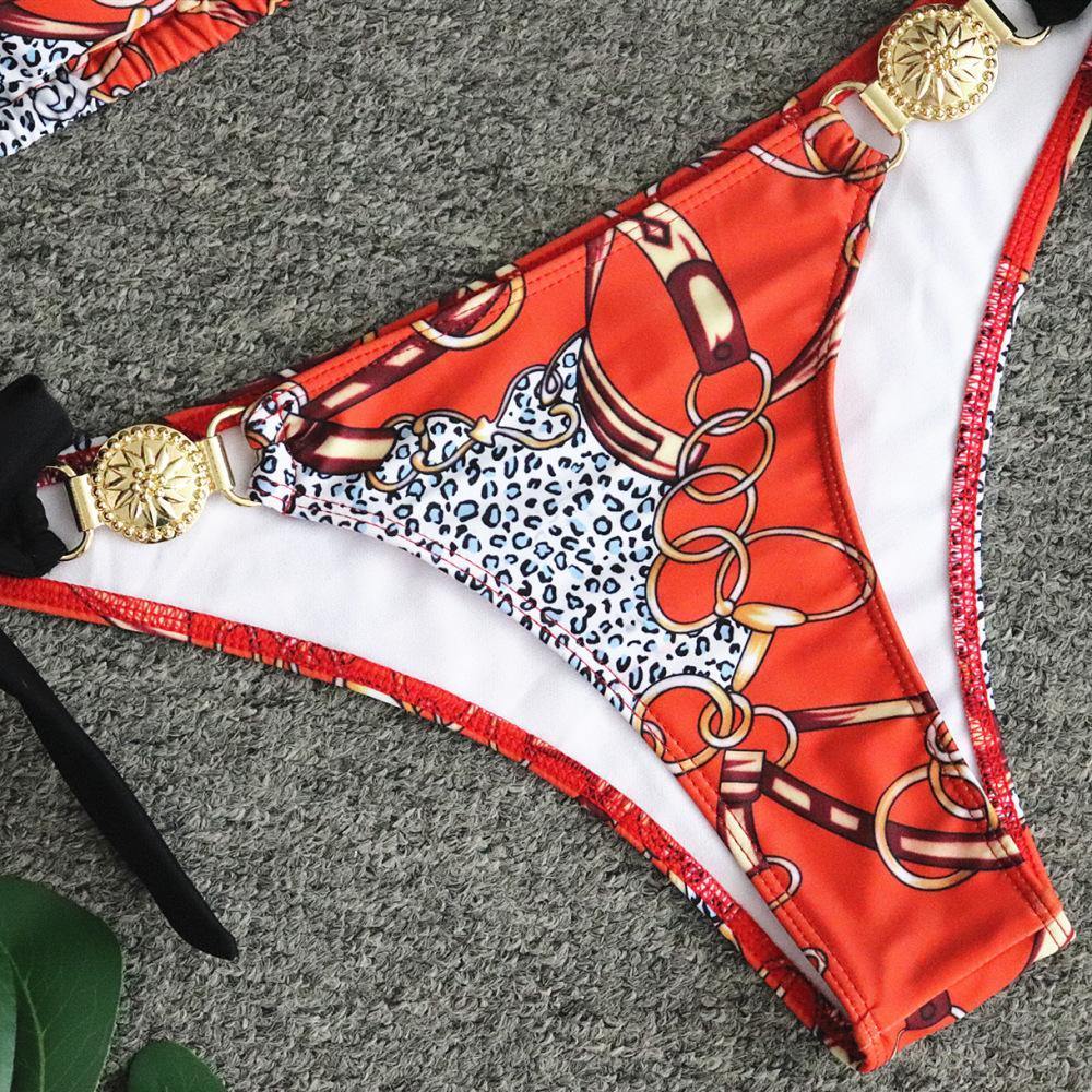 Orange Floral Metal Design Beach Halter Bikini-Women Swimwear-The same as picture-S-Free Shipping Leatheretro