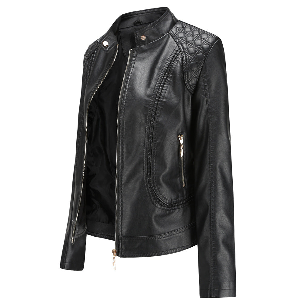 Women's Stand Collar Faux Leather Jacket-black-S-Free Shipping Leatheretro