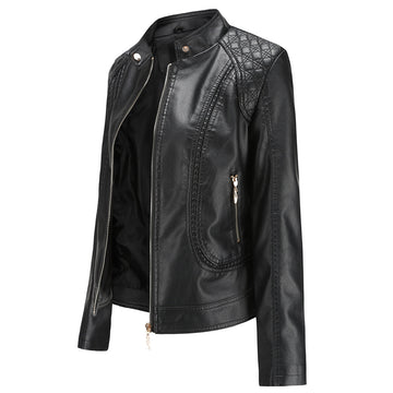 Women's Stand Collar Faux Leather Jacket-black-S-Free Shipping Leatheretro