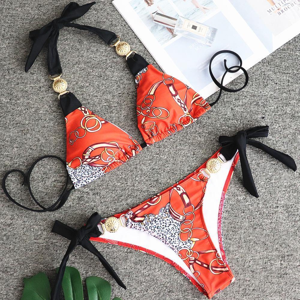 Orange Floral Metal Design Beach Halter Bikini-Women Swimwear-The same as picture-S-Free Shipping Leatheretro