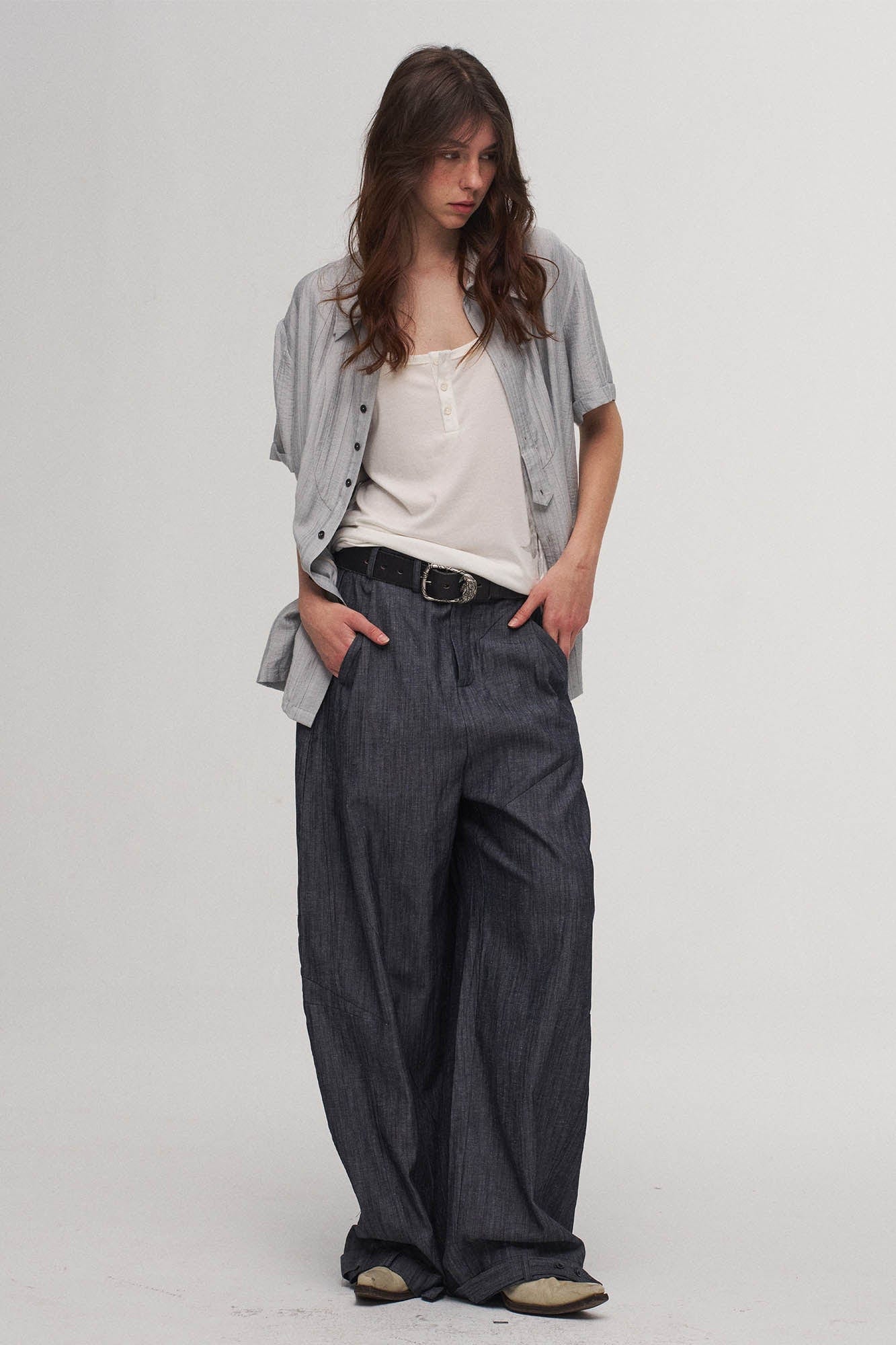 ILNya Nieternite Nifutur Stripe Crinkled Spliced Layered Collar T-Shirt Silver-Shirt-S(0)-Free Shipping Leatheretro