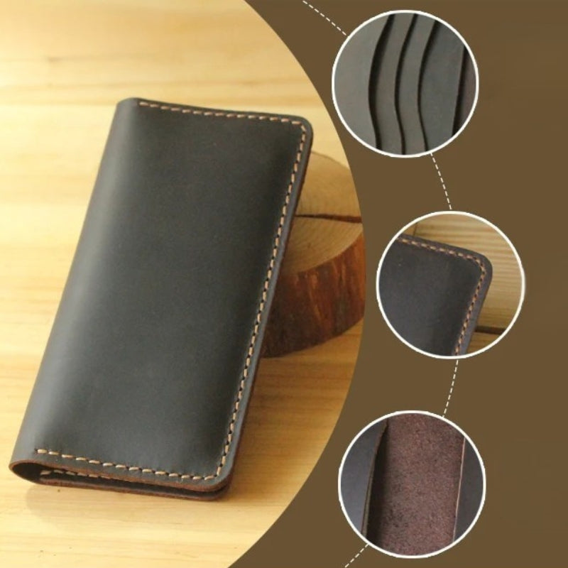 Handmade Vintage Crazy Horse Genuine Leather Wallet - Men Stylish Clutch Bag Purse-Wallets & Money Clips-Black without button-Free Shipping Leatheretro