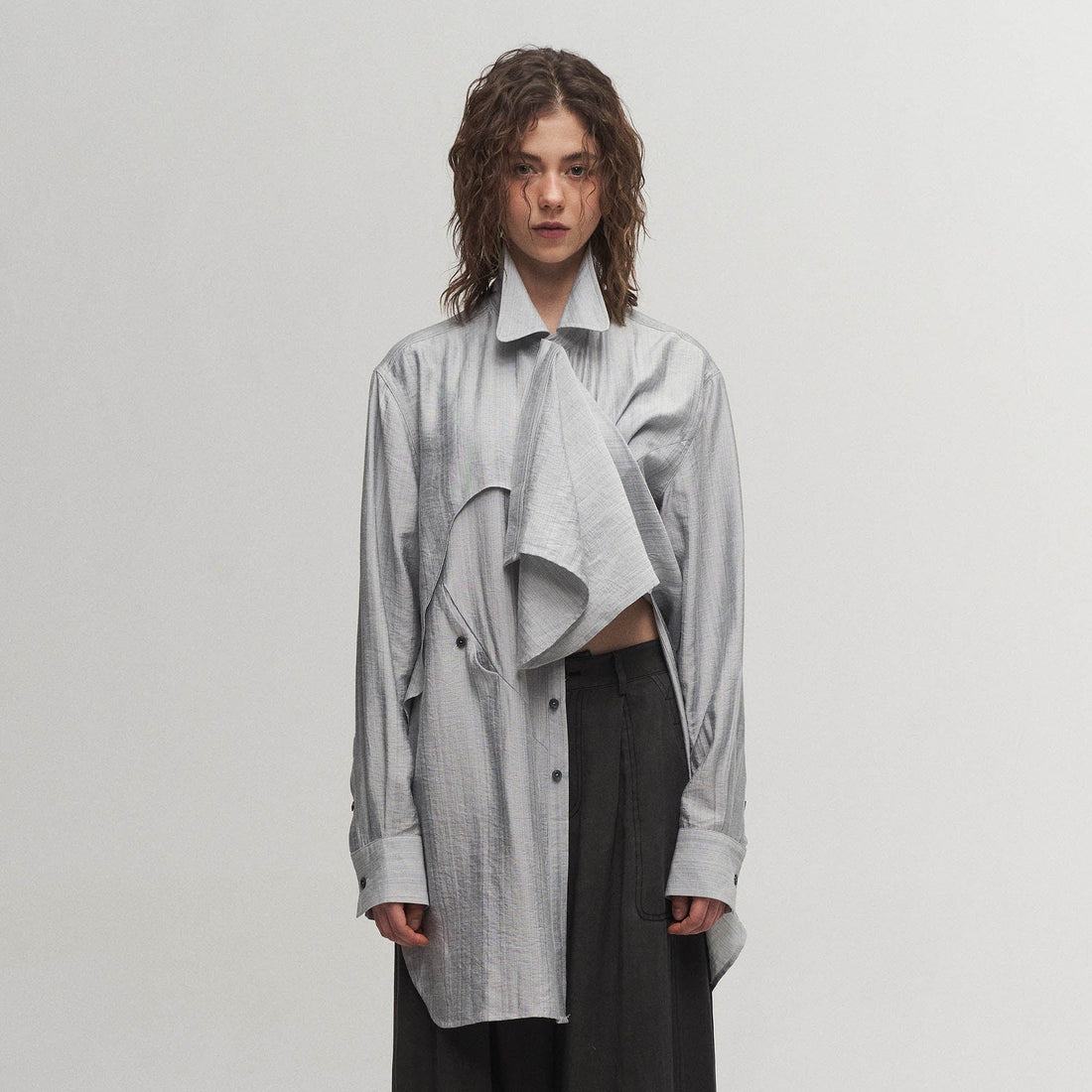 ILNya Nieternite Nifutur Arc Spliced Draped Long Shirt Bluish Silver-Shirt-S(0)-Free Shipping Leatheretro
