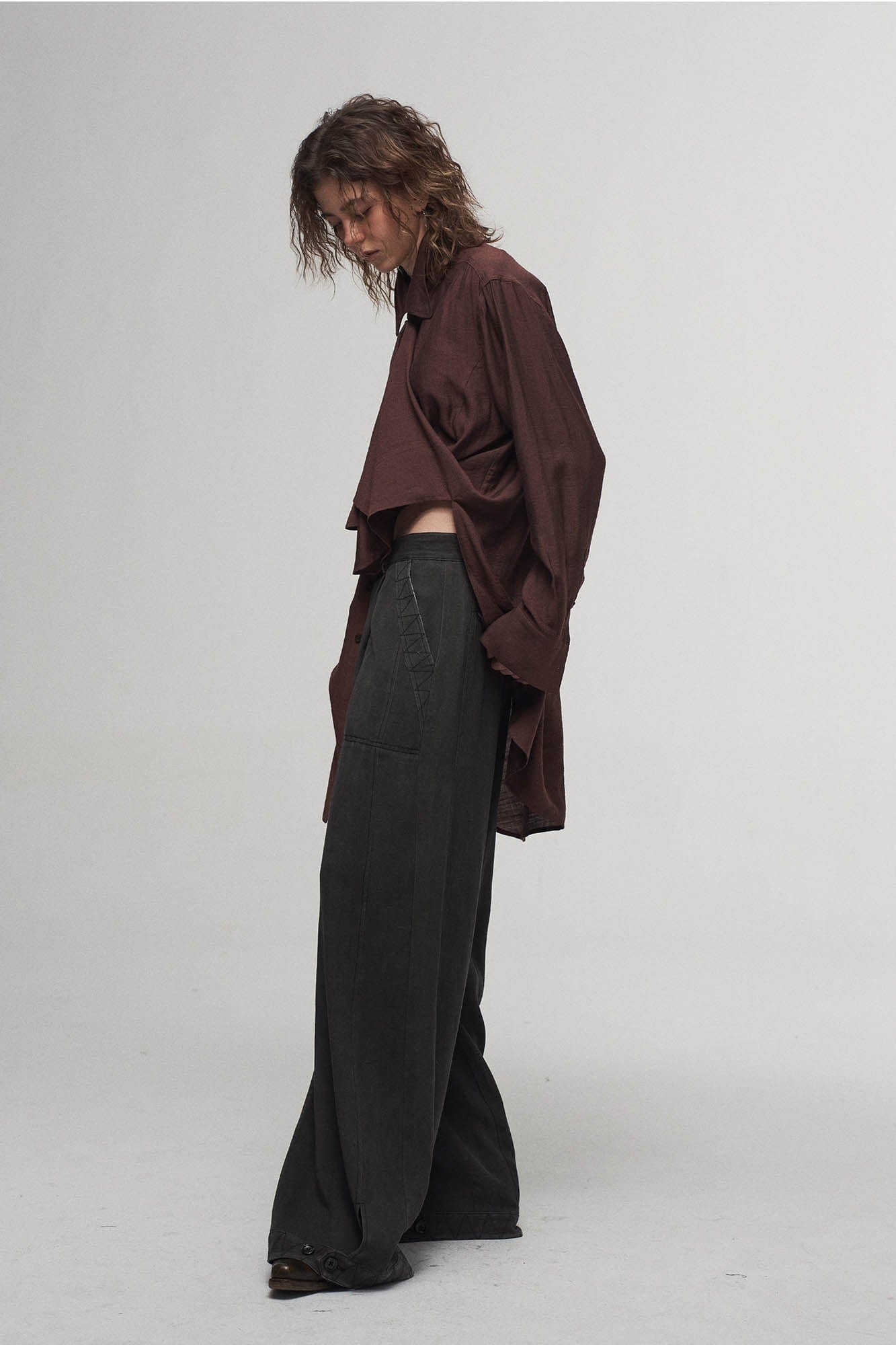ILNya Nieternite Nifutur Arc Spliced Draped Long Shirt Burgundy-Shirt-S(0)-Free Shipping Leatheretro