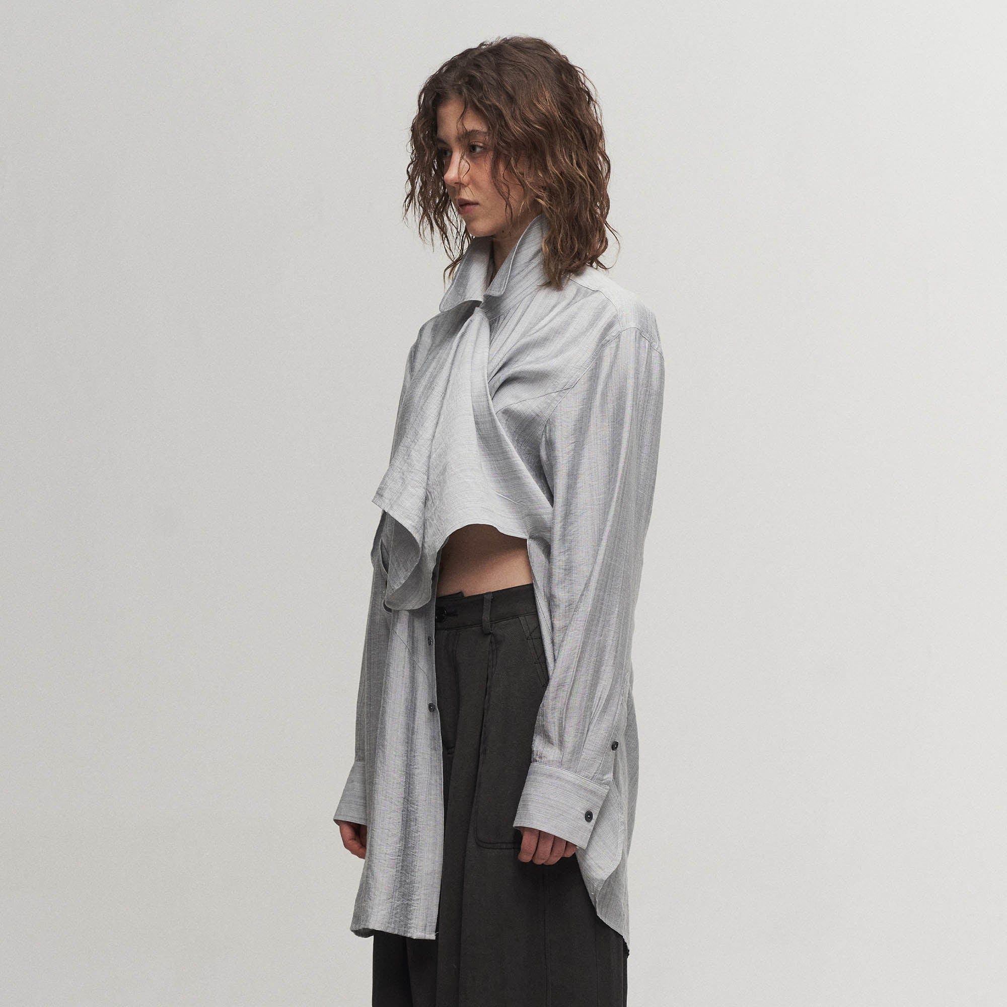 ILNya Nieternite Nifutur Arc Spliced Draped Long Shirt Bluish Silver-Shirt-S(0)-Free Shipping Leatheretro