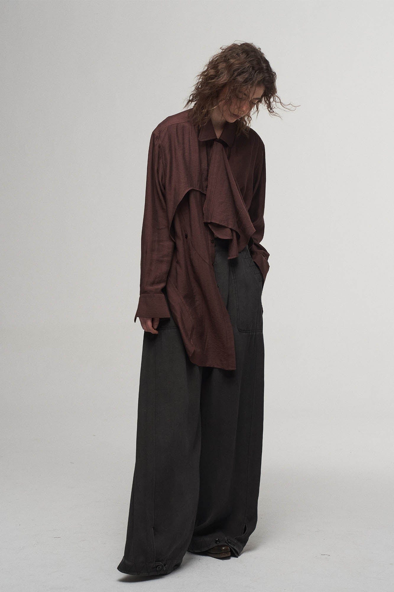 ILNya Nieternite Nifutur Arc Spliced Draped Long Shirt Burgundy-Shirt-S(0)-Free Shipping Leatheretro