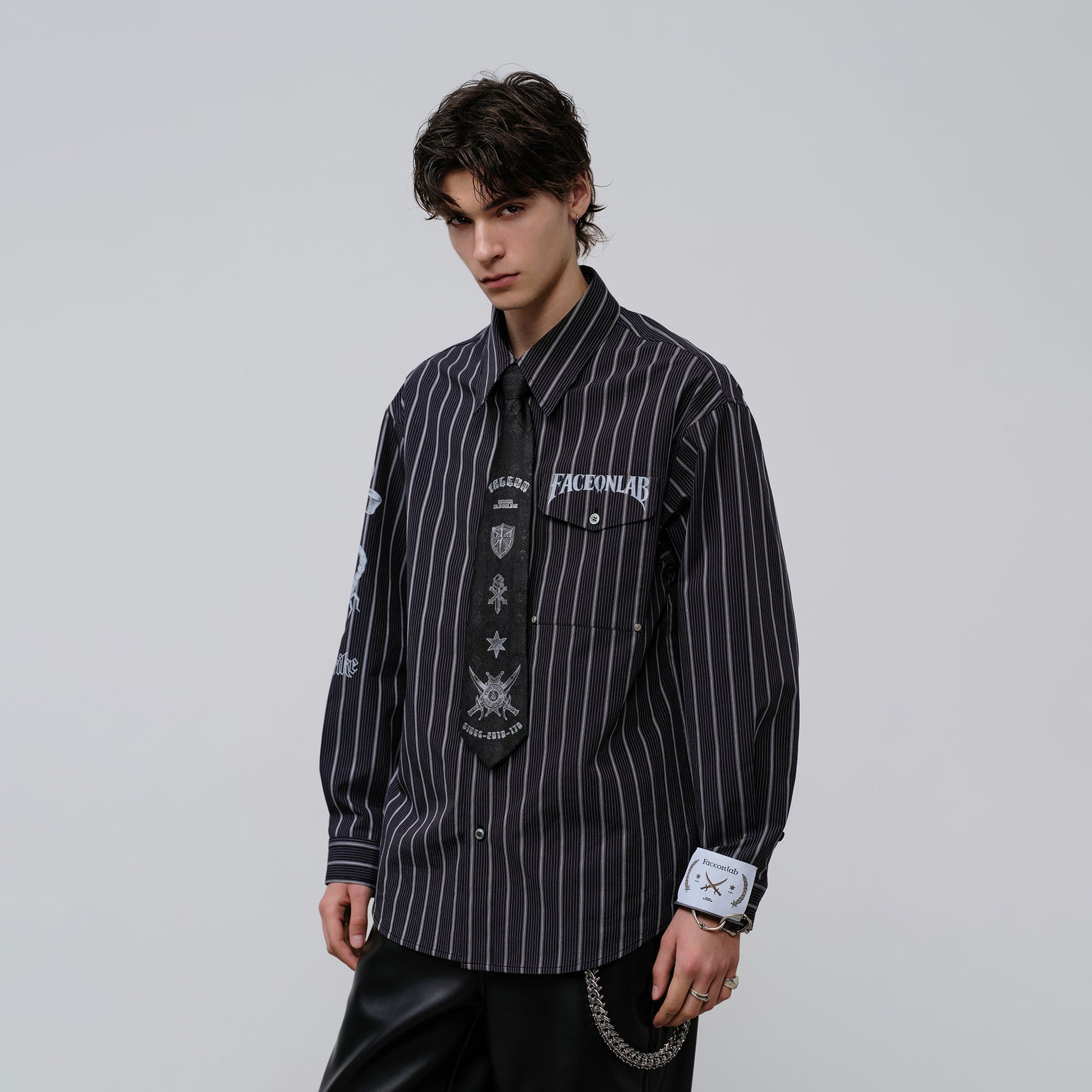 FACEONLAB Stripe Animal Graphic Relaxed Shirt Black-Shirt-M-Free Shipping Leatheretro