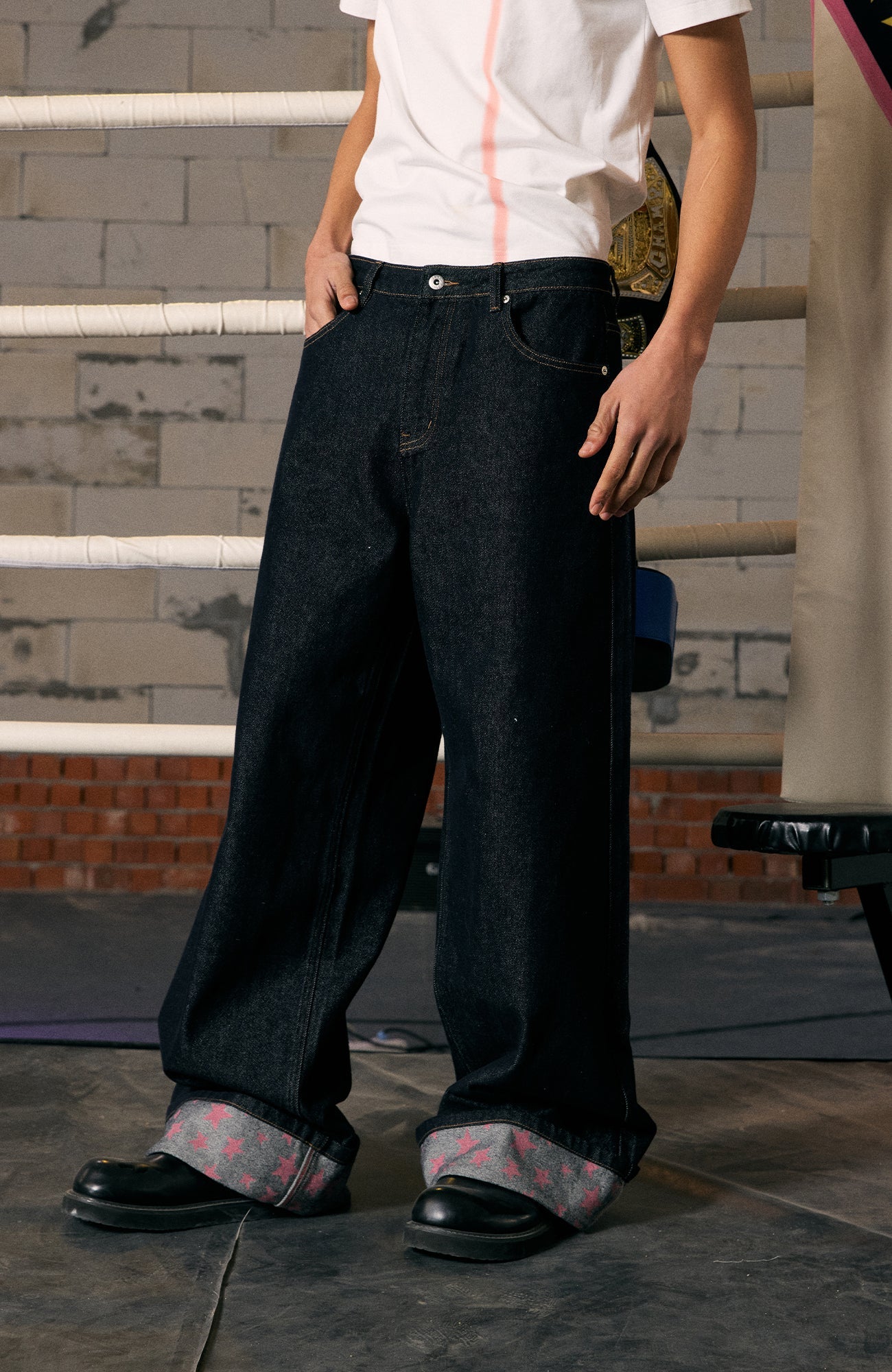 DONSMOKE Wide-Leg Star/ Leopard Cuffed Jeans-Pants-S (Preorder)-Black(Leopard)-Free Shipping Leatheretro