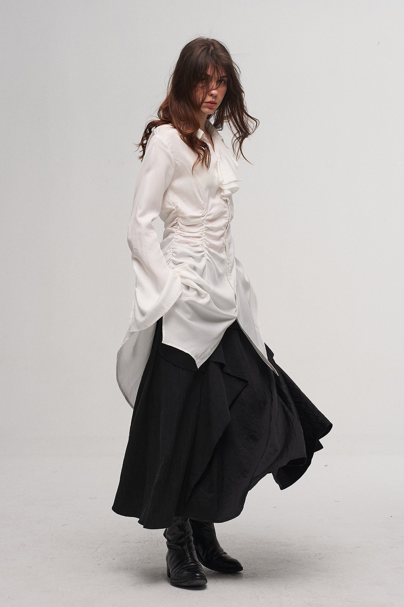 ILNya Nieternite Nifutur Ruched Waist Ruffle-Neck Long Shirt-Shirt-S(0) (Preorder)-Free Shipping Leatheretro