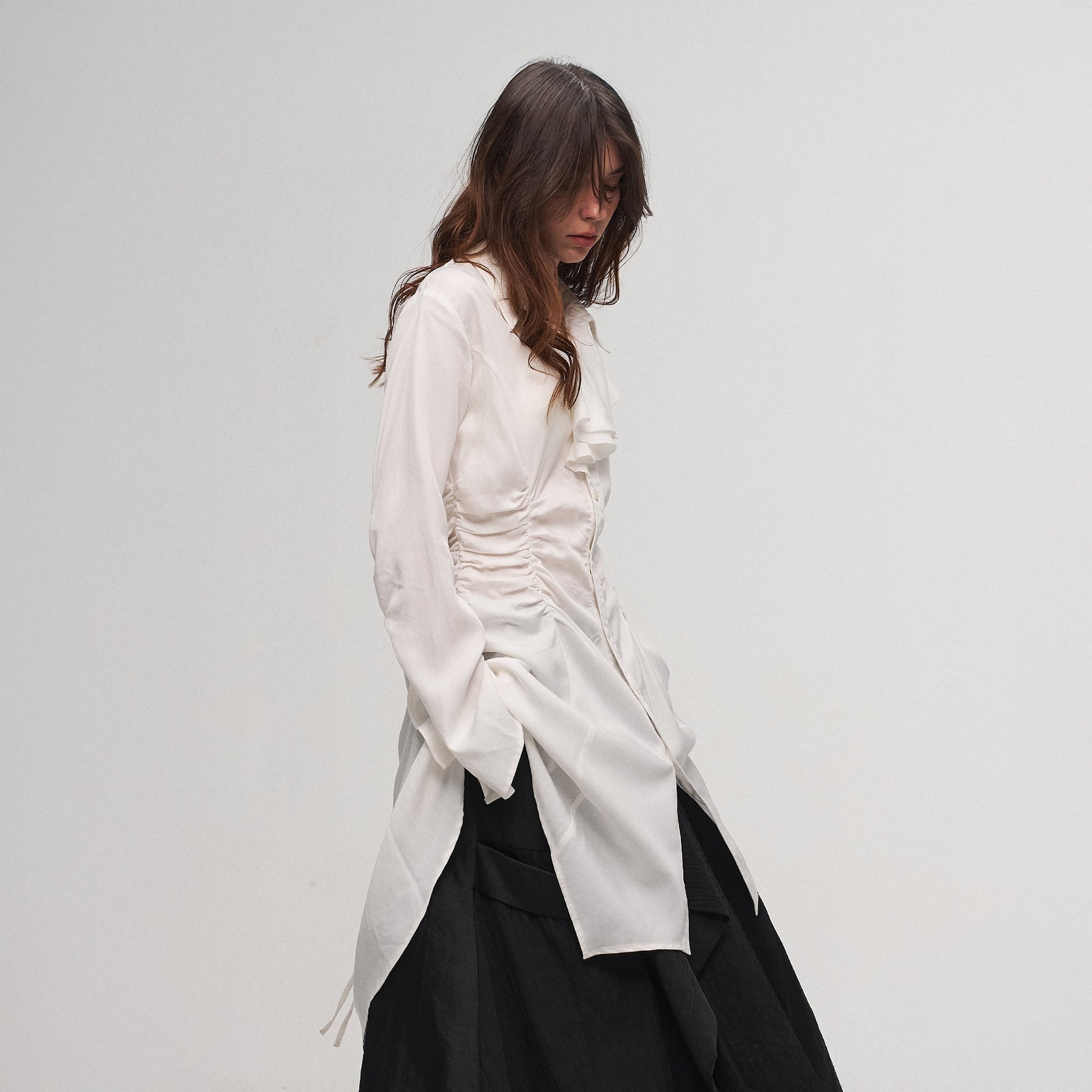 ILNya Nieternite Nifutur Ruched Waist Ruffle-Neck Long Shirt-Shirt-S(0) (Preorder)-Free Shipping Leatheretro