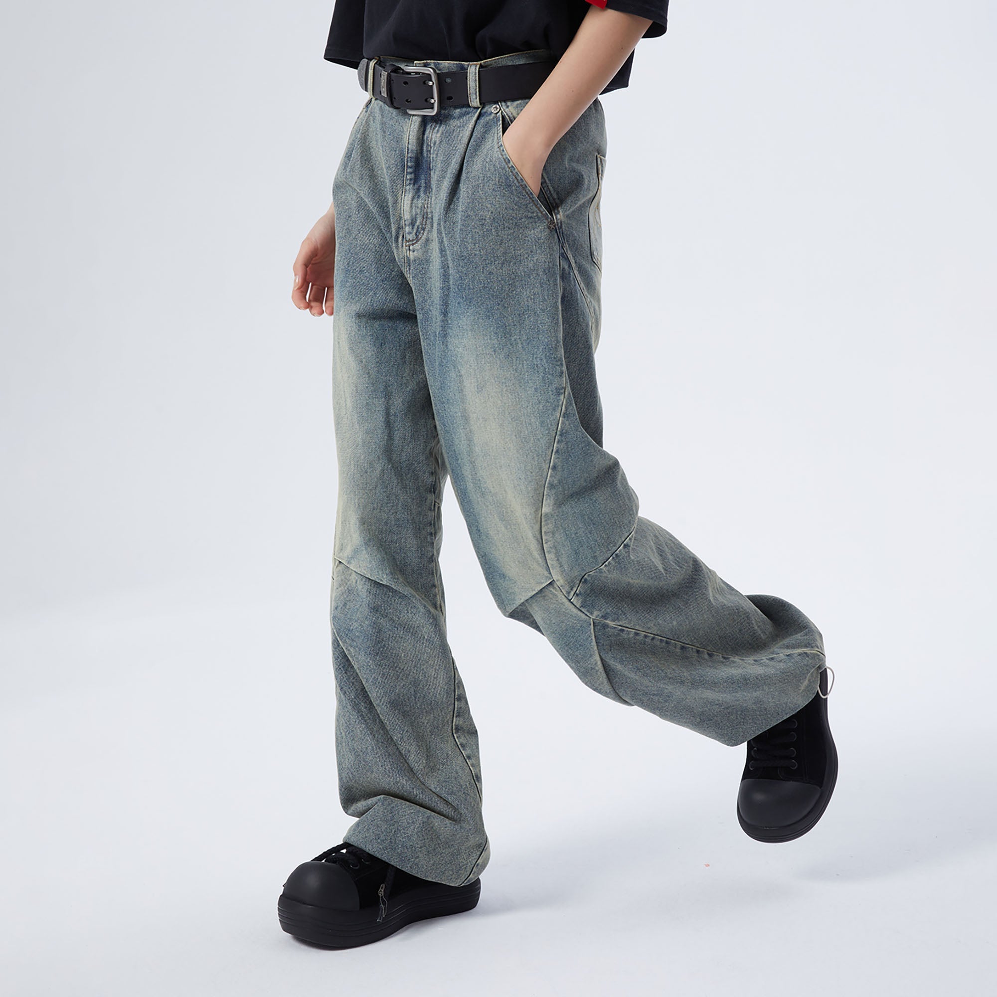 ERROR CODE ROBOT Washed Curved Pleated- Knee Jeans-Jeans-S-Free Shipping Leatheretro