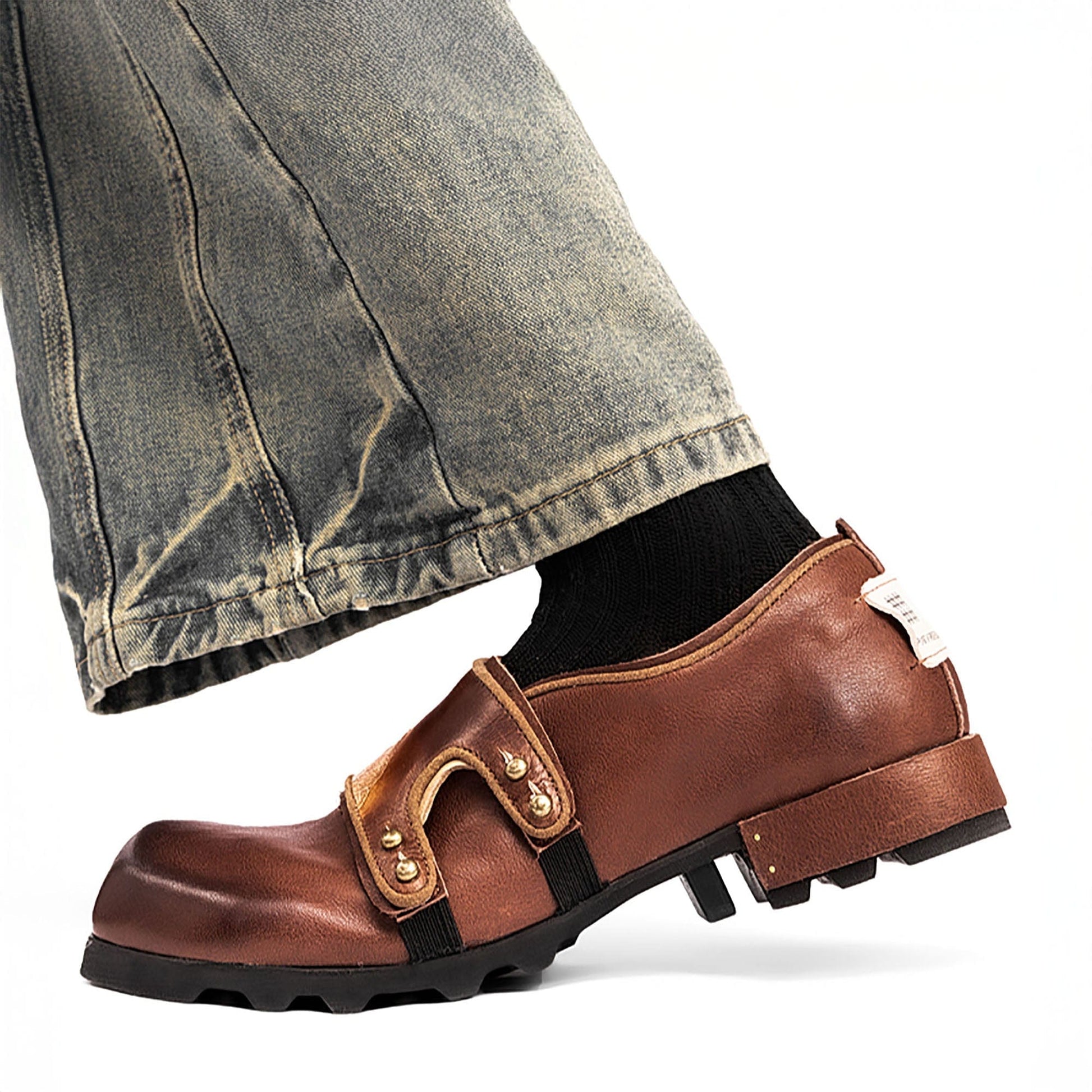 REWRITE Leaf Cowhide Velcro Loafers Brown-Shoes-38.5-Free Shipping Leatheretro