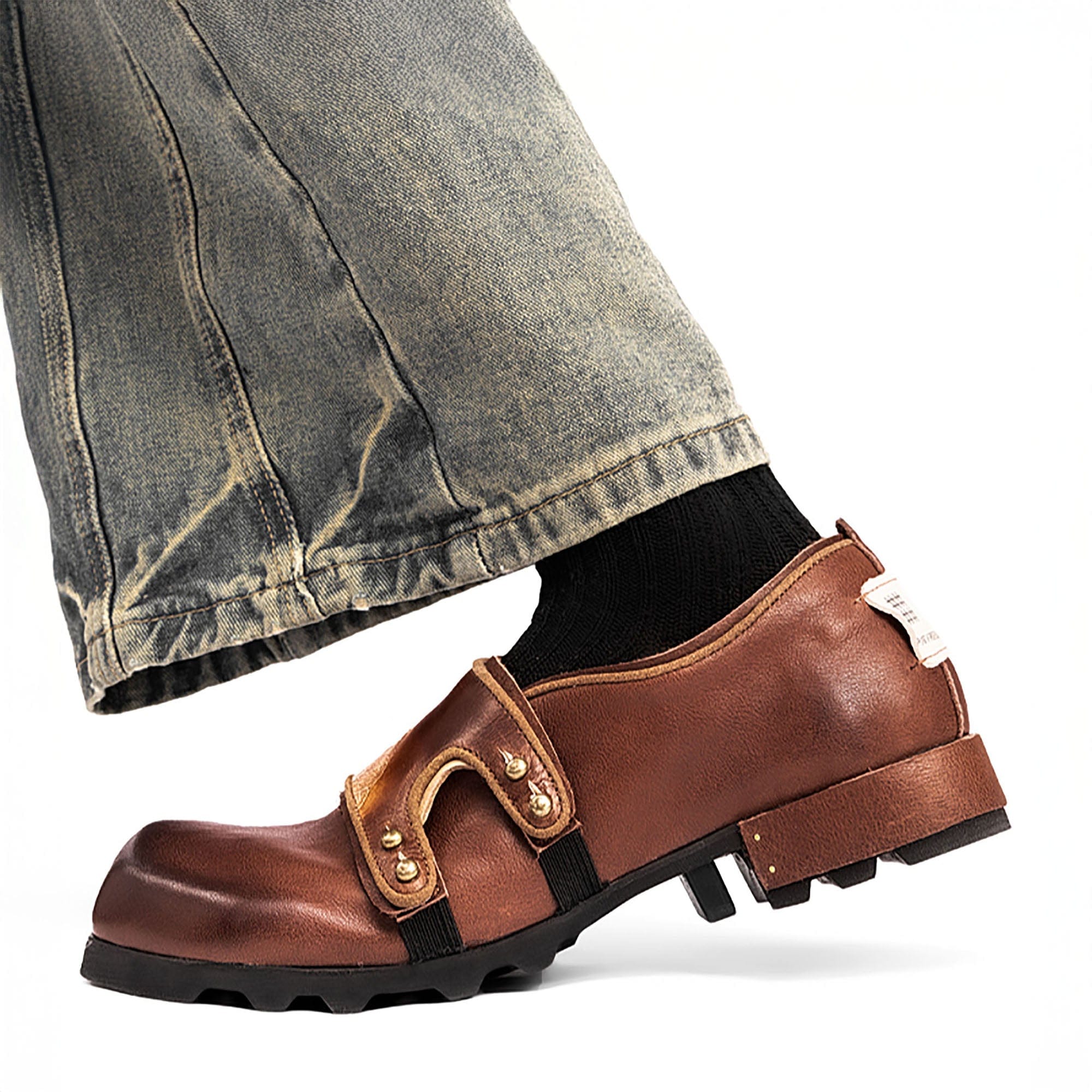 REWRITE Leaf Cowhide Velcro Loafers Brown-Shoes-38.5-Free Shipping Leatheretro