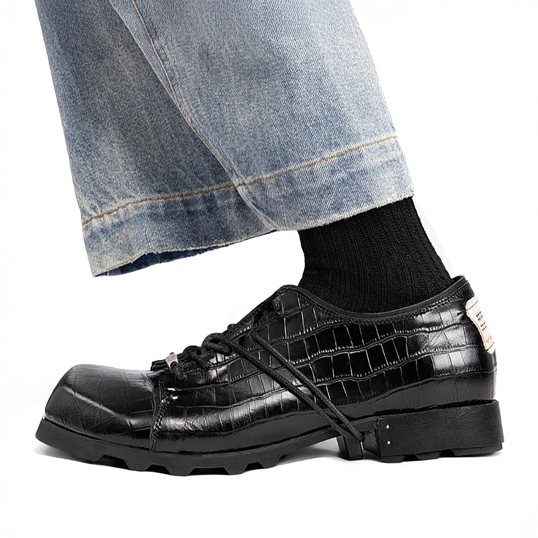 REWRITE Croc-Embossed Square-Toe Derby Shoes-Shoes-38.5-Free Shipping Leatheretro