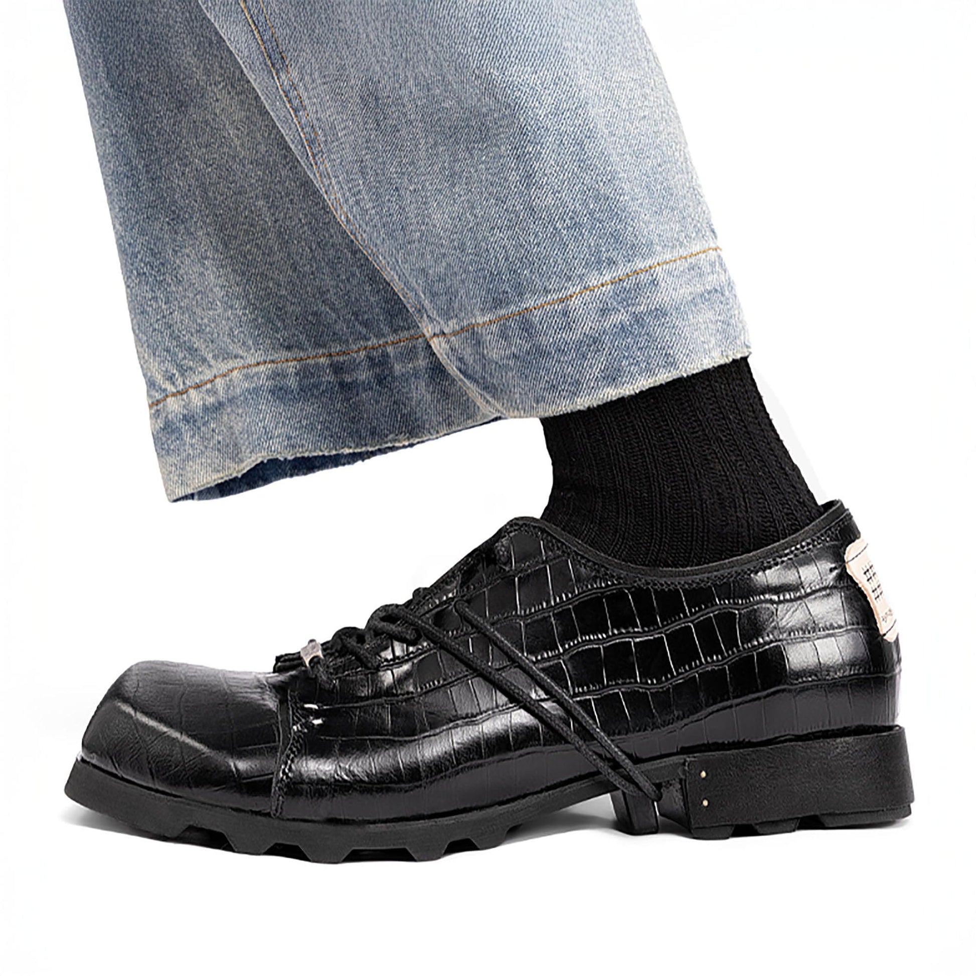 REWRITE Croc-Embossed Square-Toe Derby Shoes-Shoes-38.5-Free Shipping Leatheretro