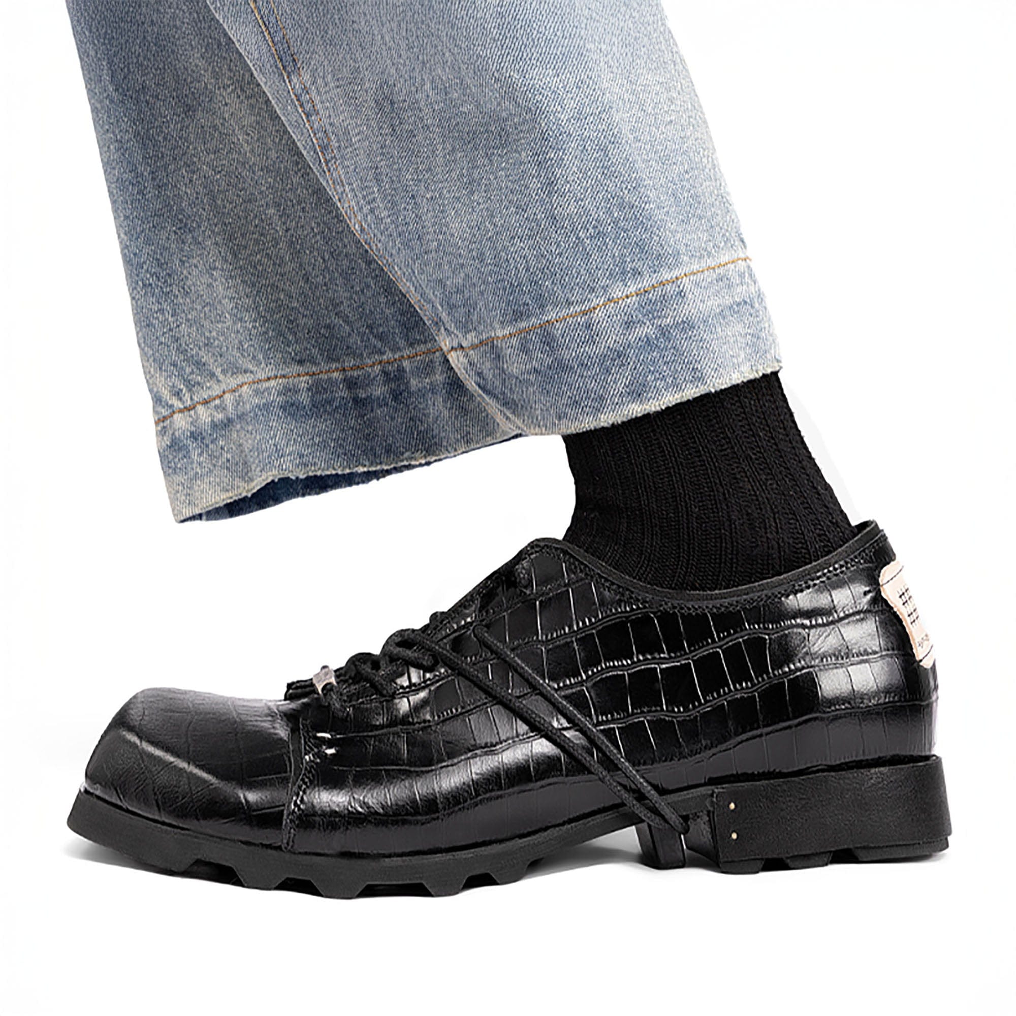 REWRITE Croc-Embossed Square-Toe Derby Shoes-Shoes-38.5-Free Shipping Leatheretro
