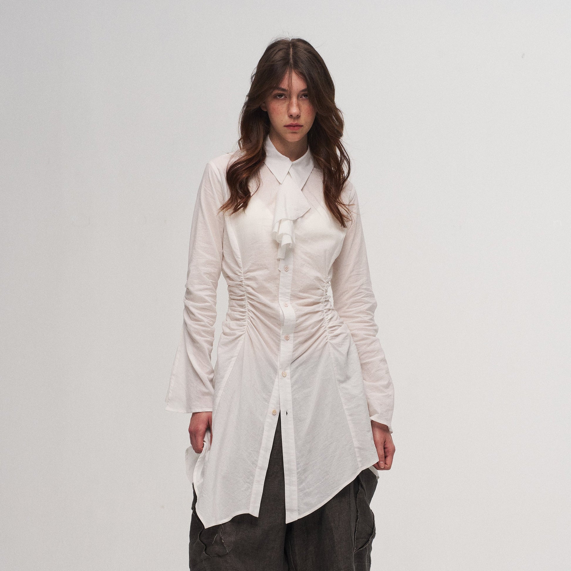 ILNya Nieternite Nifutur Ruched Waist Ruffle-Neck Long Shirt-Shirt-S(0) (Preorder)-Free Shipping Leatheretro